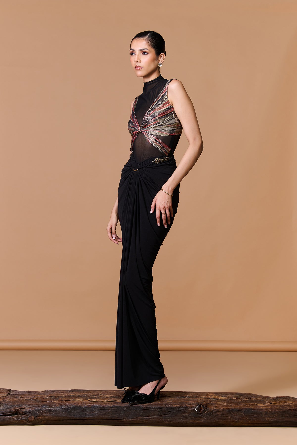 Black Striped Drape Gown