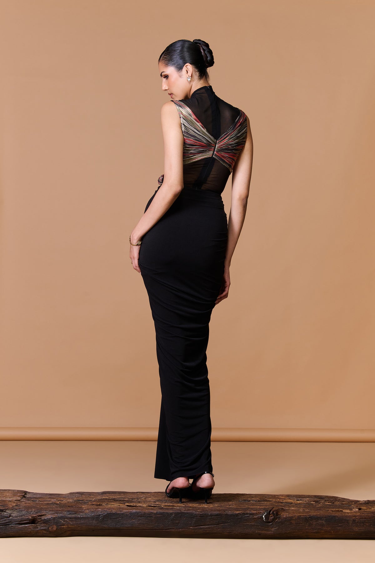 Black Striped Drape Gown