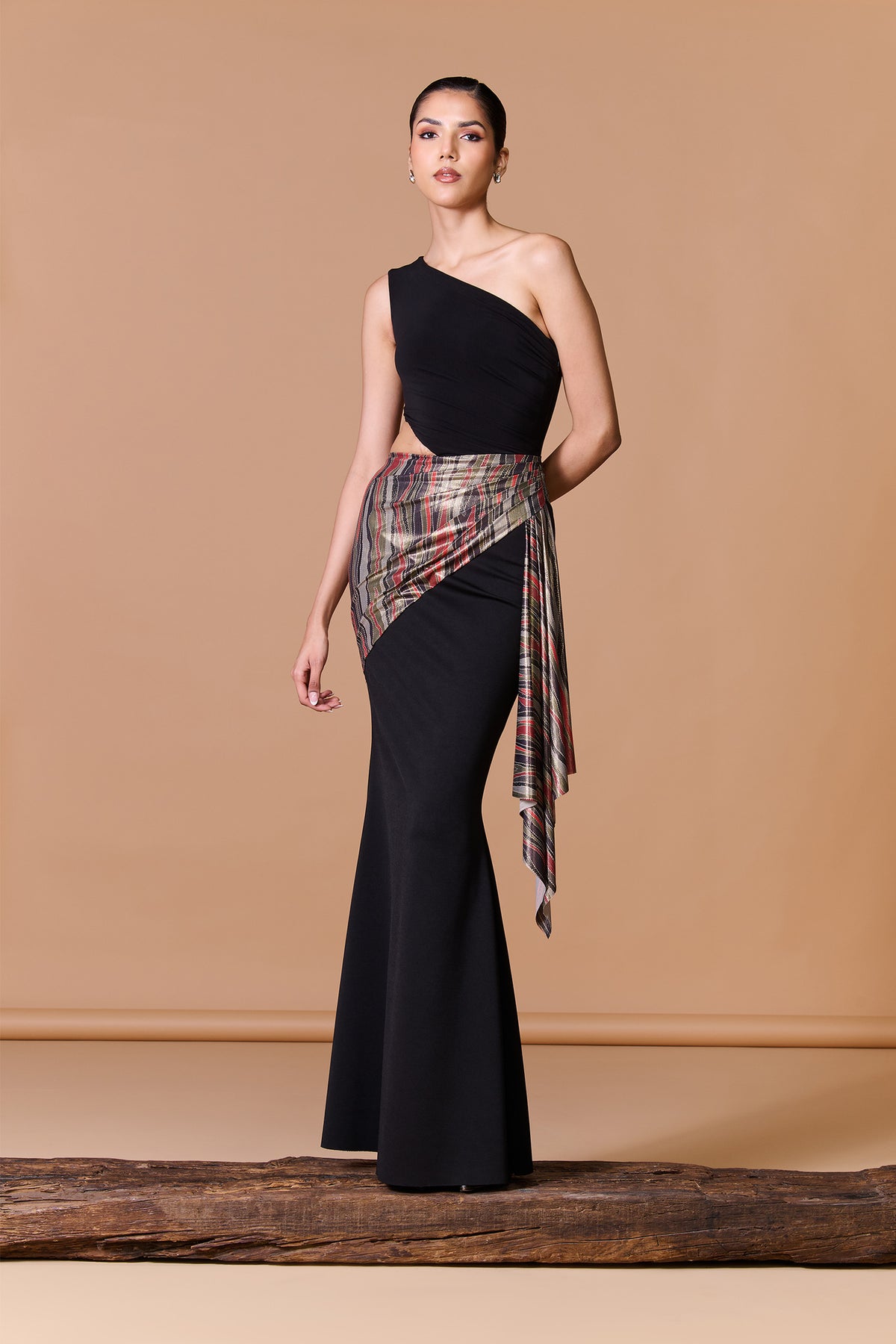 Black Striped Drape Gown