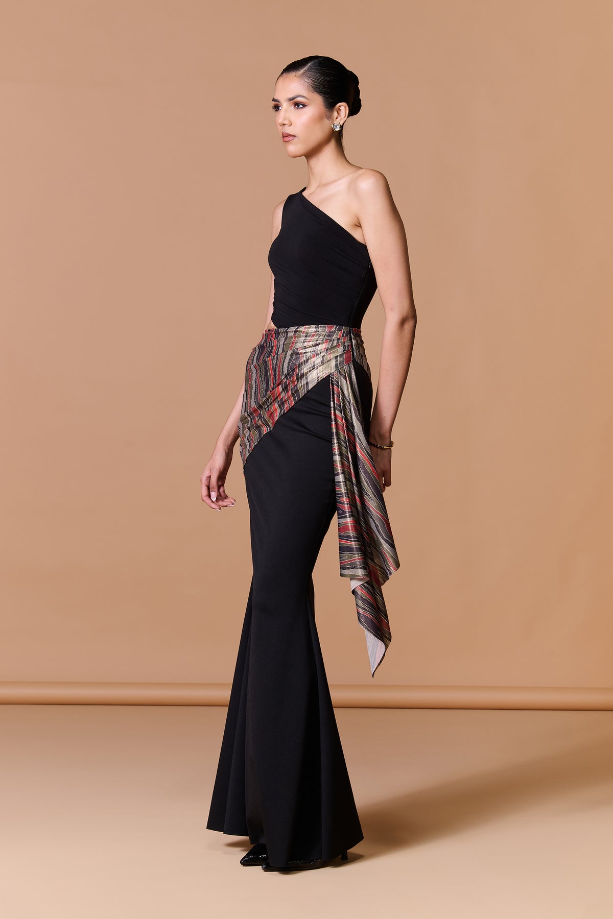 Black Striped Drape Gown