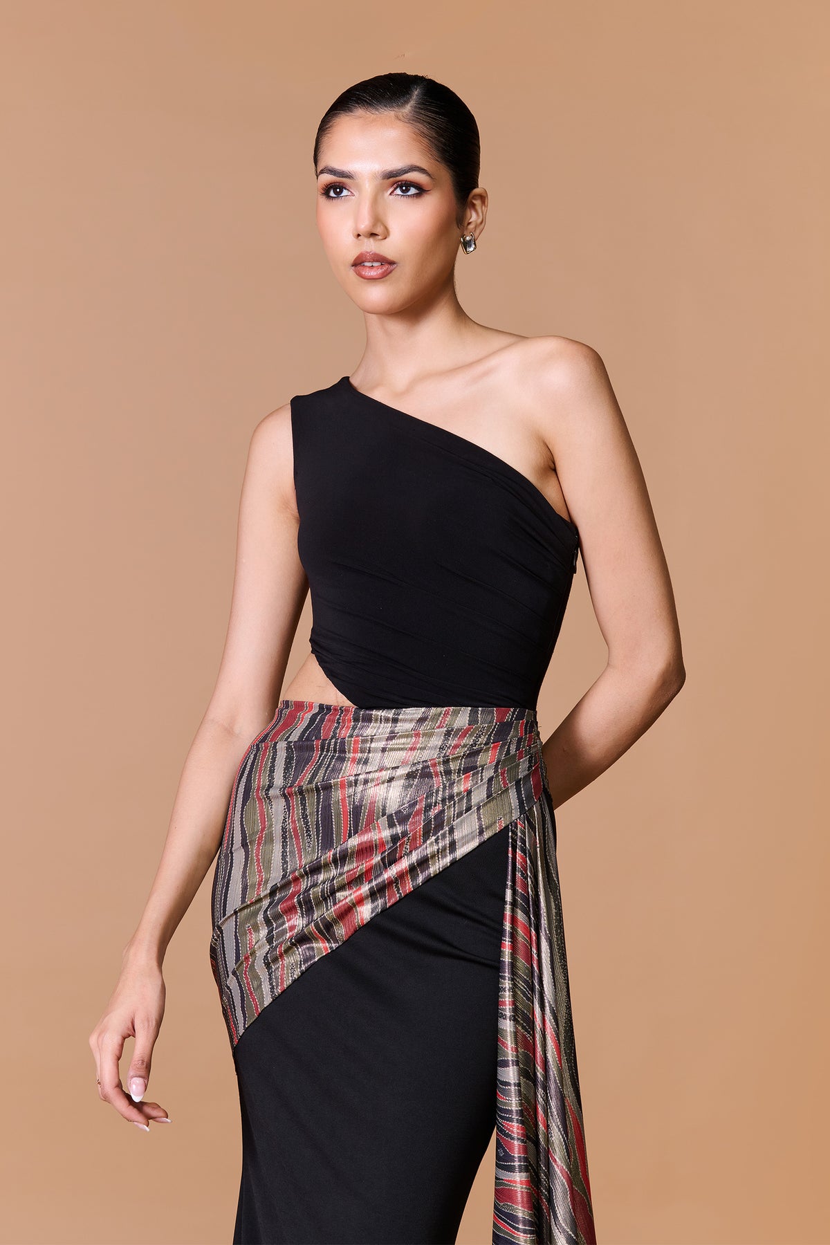 Black Striped Drape Gown