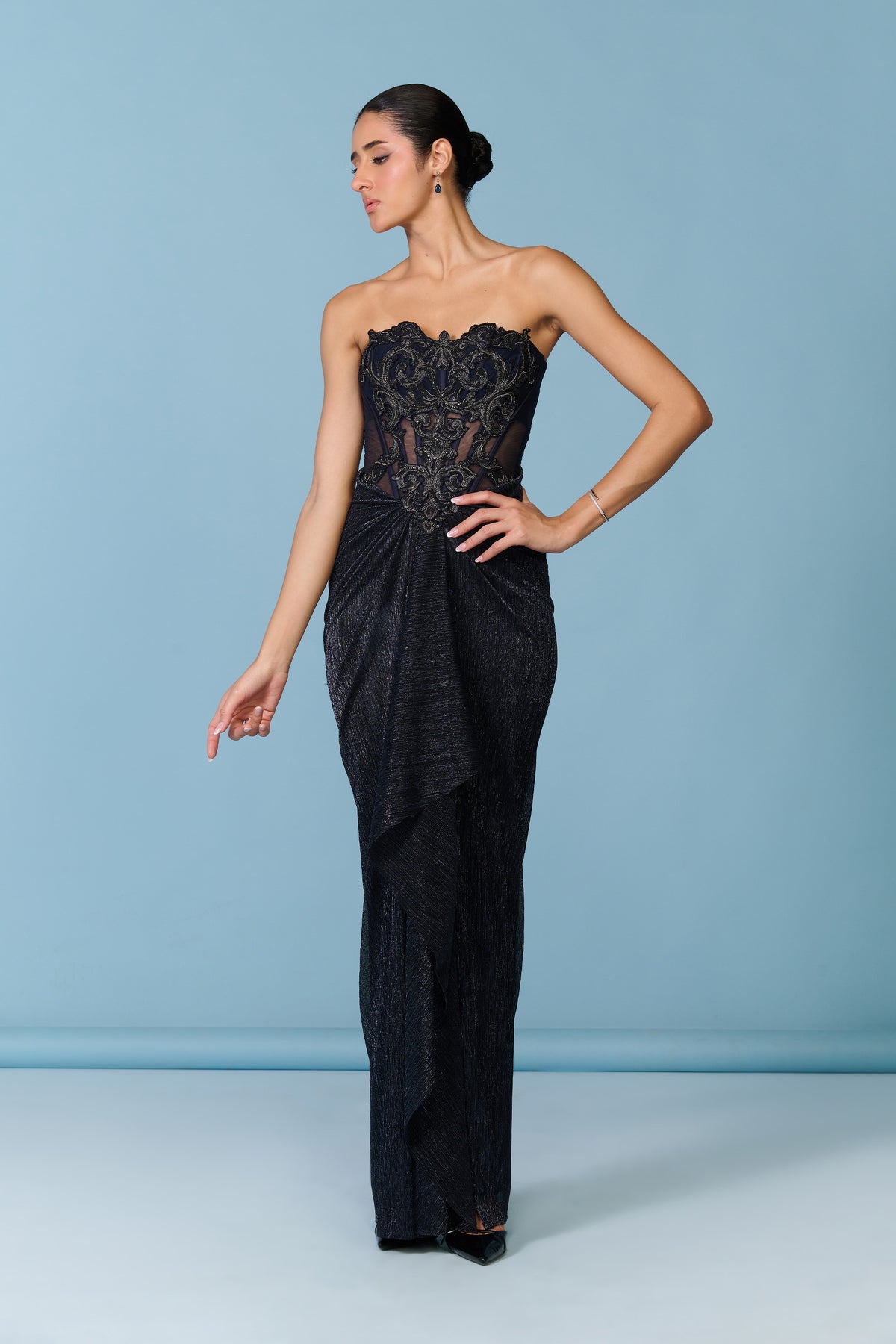 Navy Chiffon Asymmetrical Drape Gown
