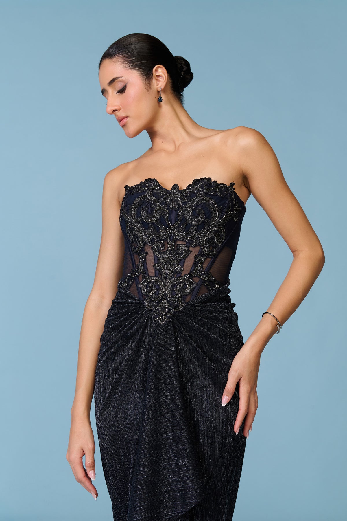 Navy Chiffon Asymmetrical Drape Gown