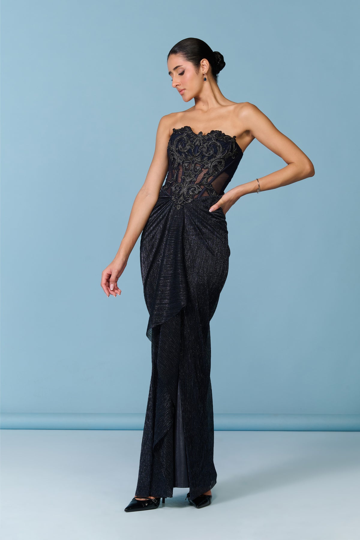 Navy Chiffon Asymmetrical Drape Gown