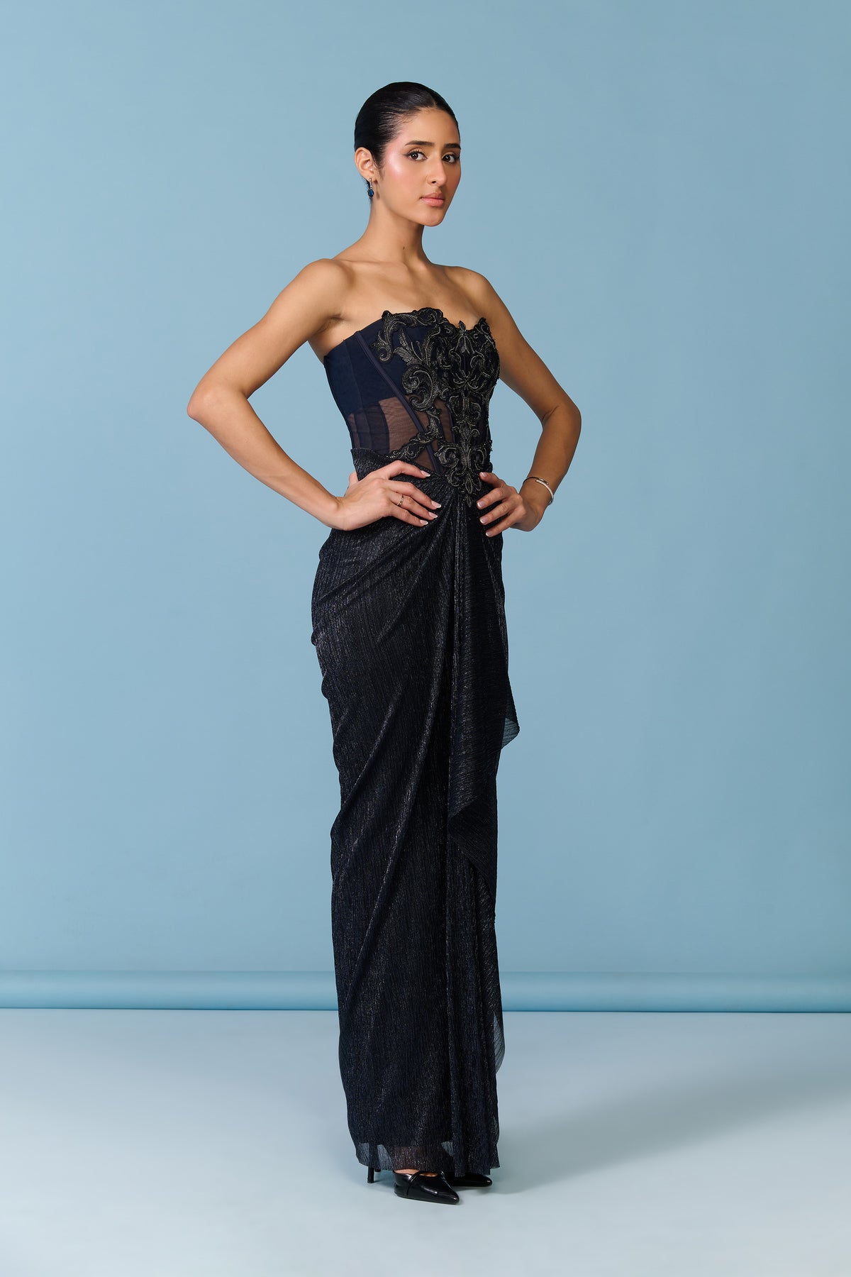 Navy Chiffon Asymmetrical Drape Gown