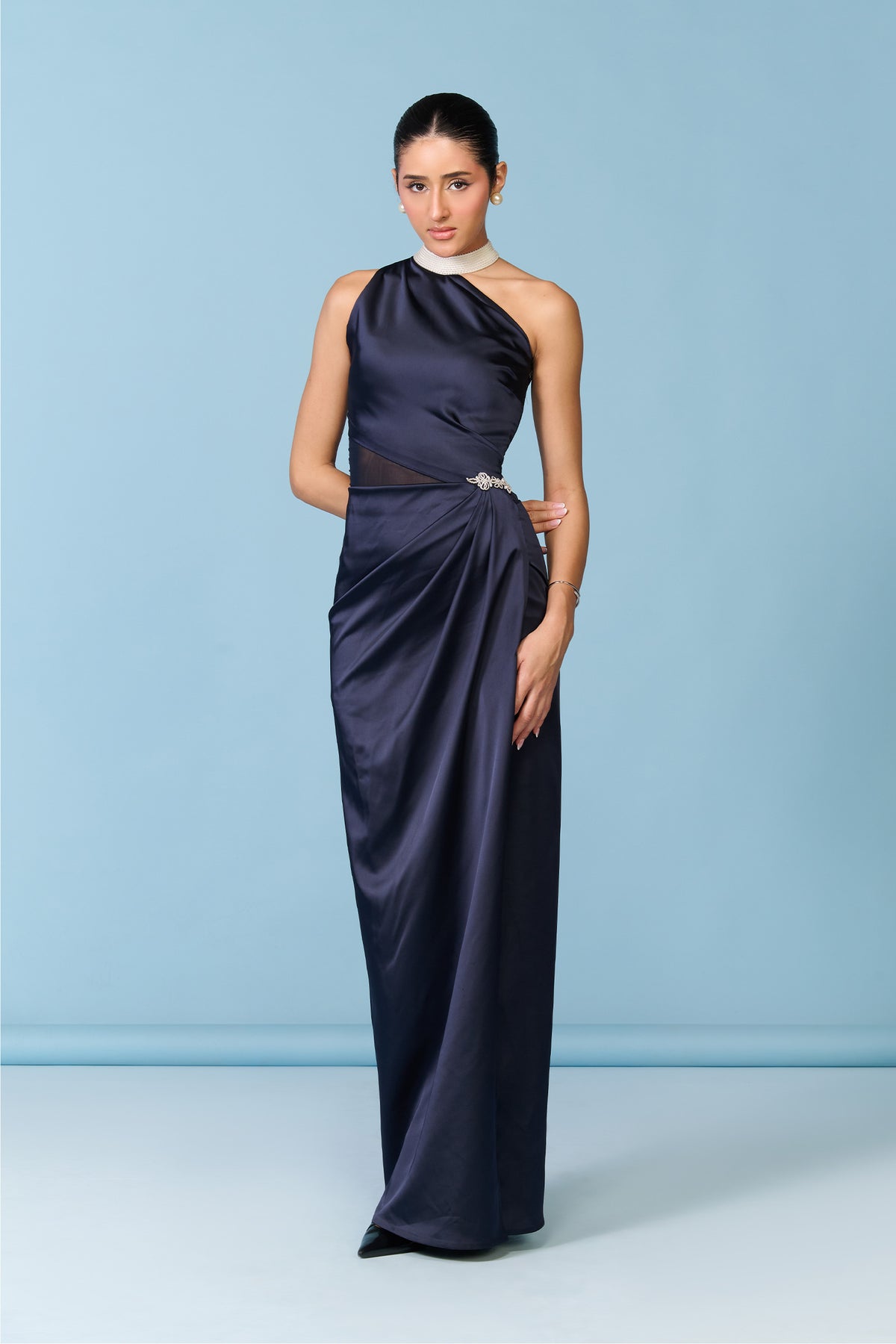 Navy Satin Asymmetrical Drape Gown