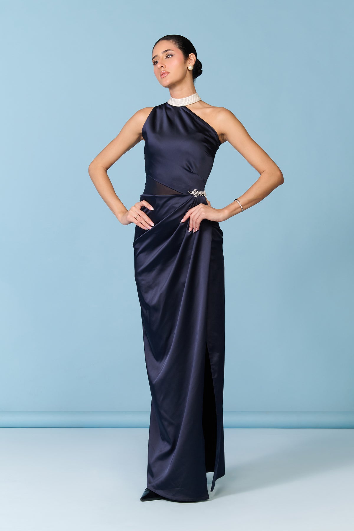 Navy Satin Asymmetrical Drape Gown