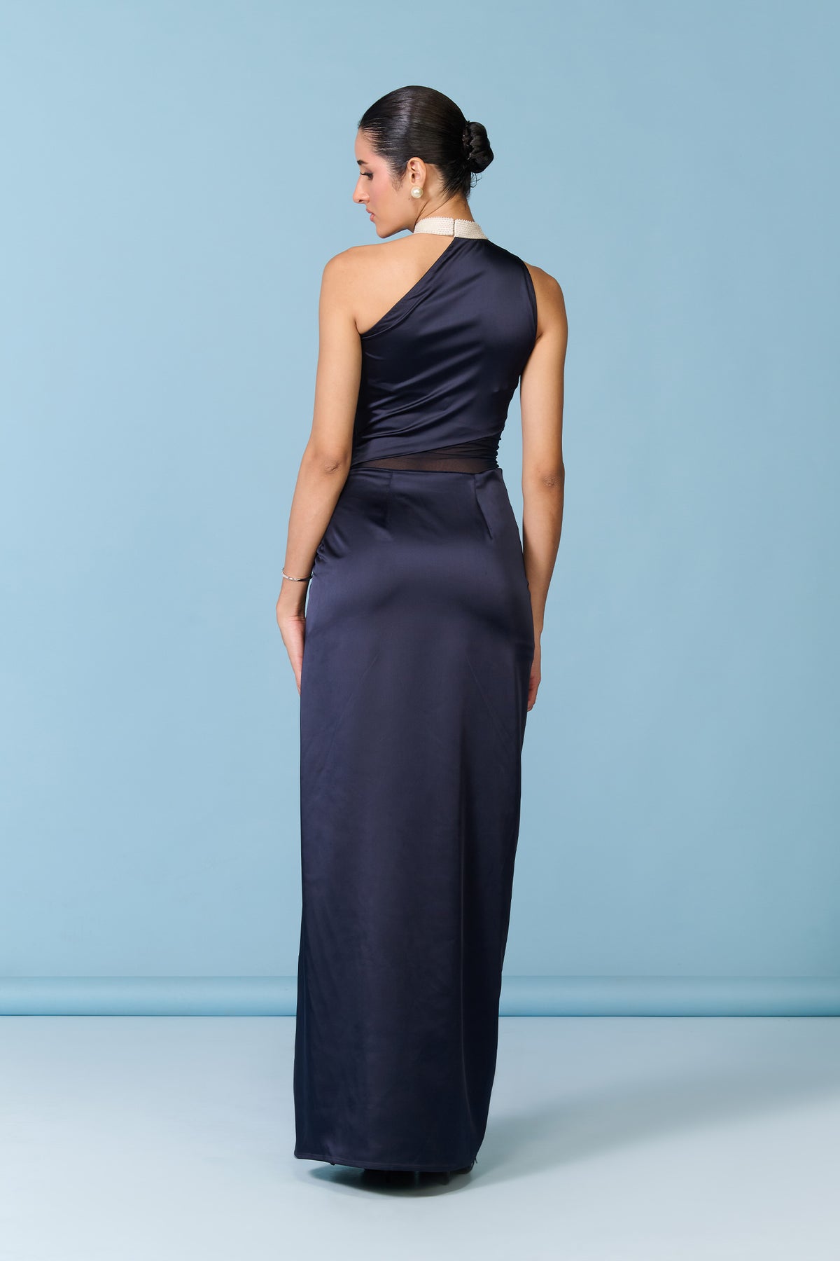 Navy Satin Asymmetrical Drape Gown