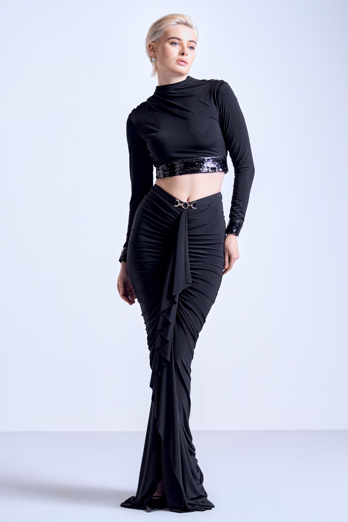Black Ruffle Draped Skirt