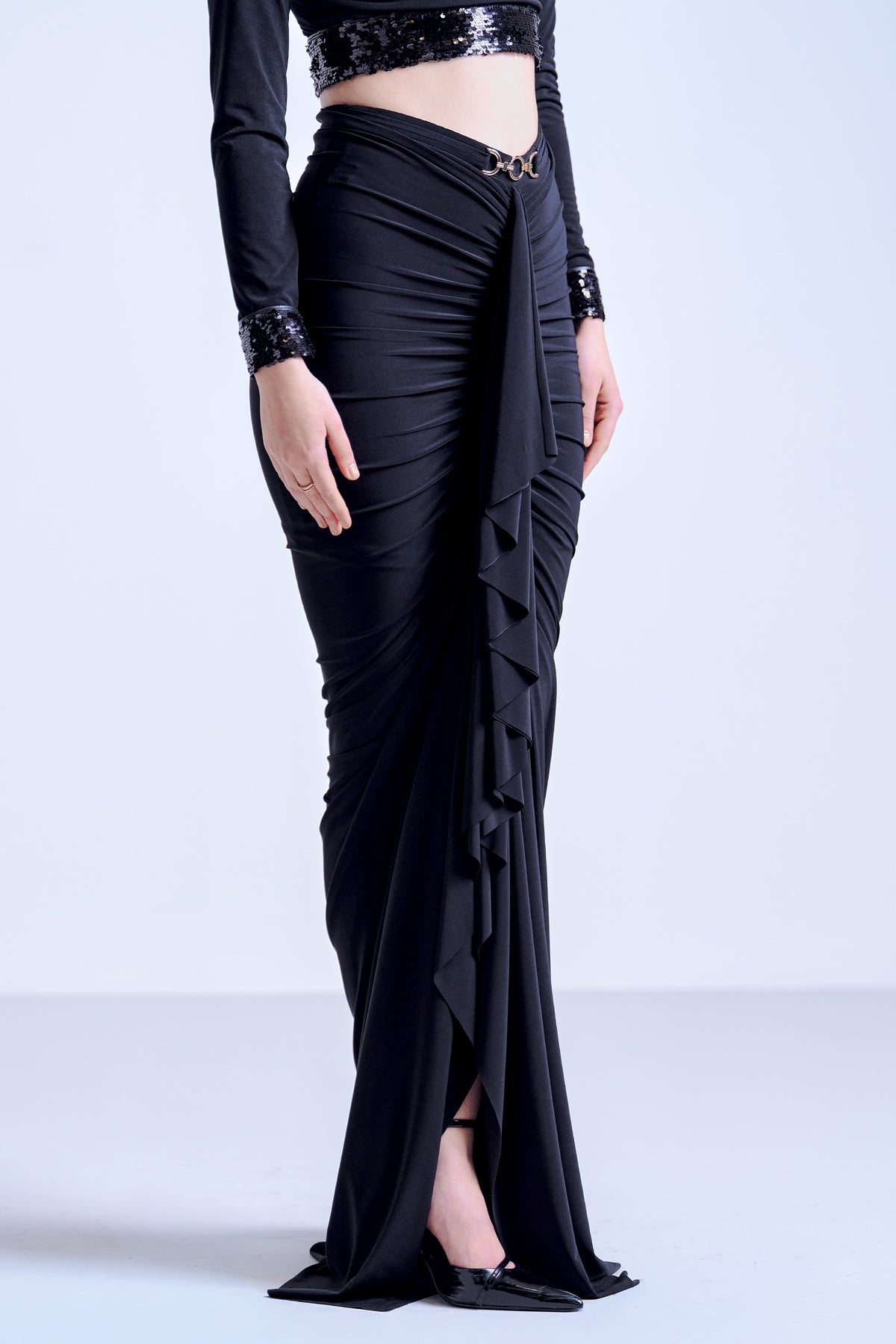 Black Ruffle Draped Skirt