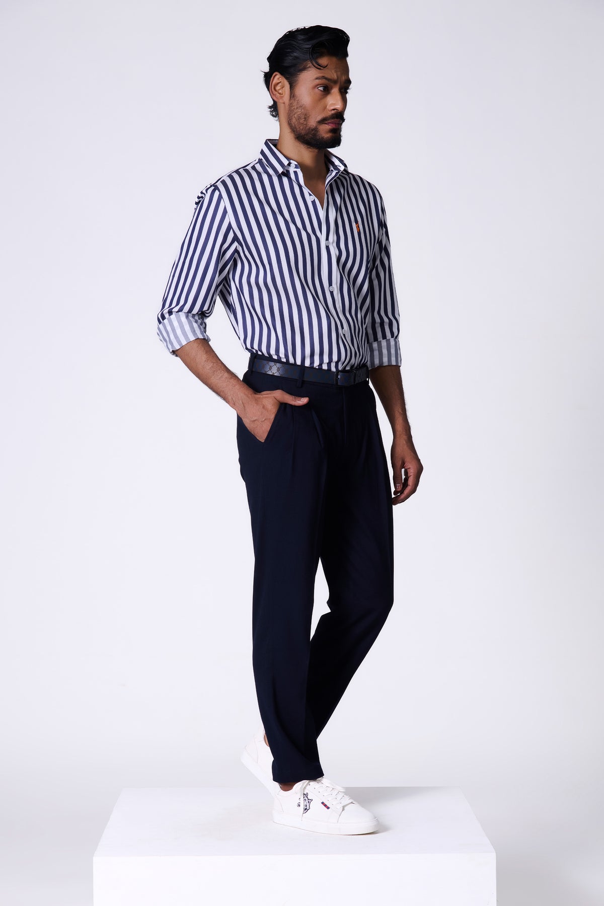 SNCC Navy Striped Shirt with Batsman Logo