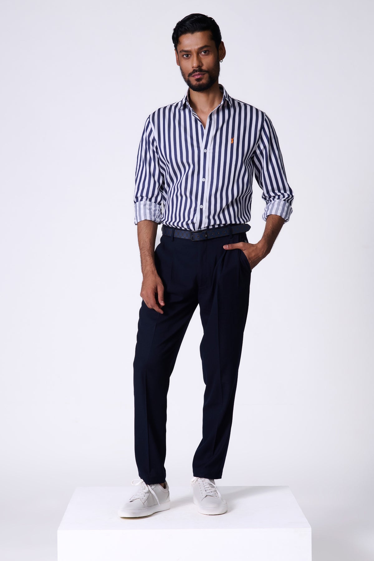 SNCC Navy Striped Shirt with Batsman Logo