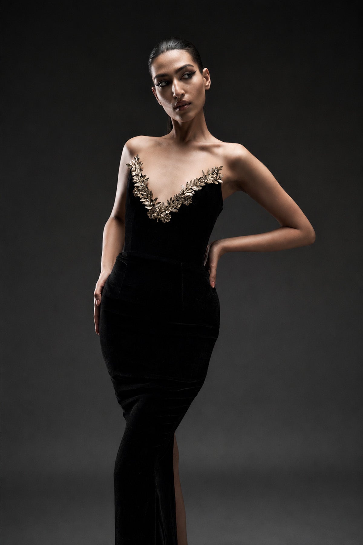 Metallic Leaf Velvet Gown