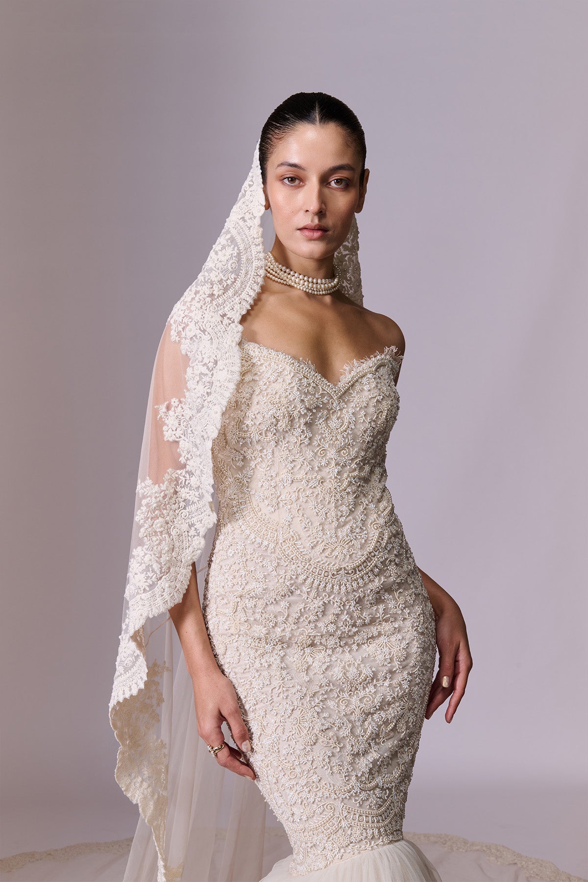 Pearl Sculpt Gown with Veil