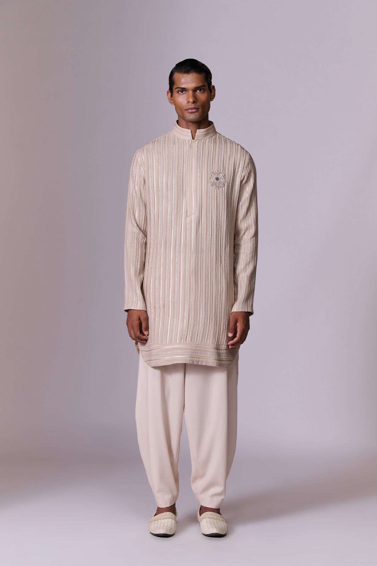Beige Striped Embroidered Kurta Set