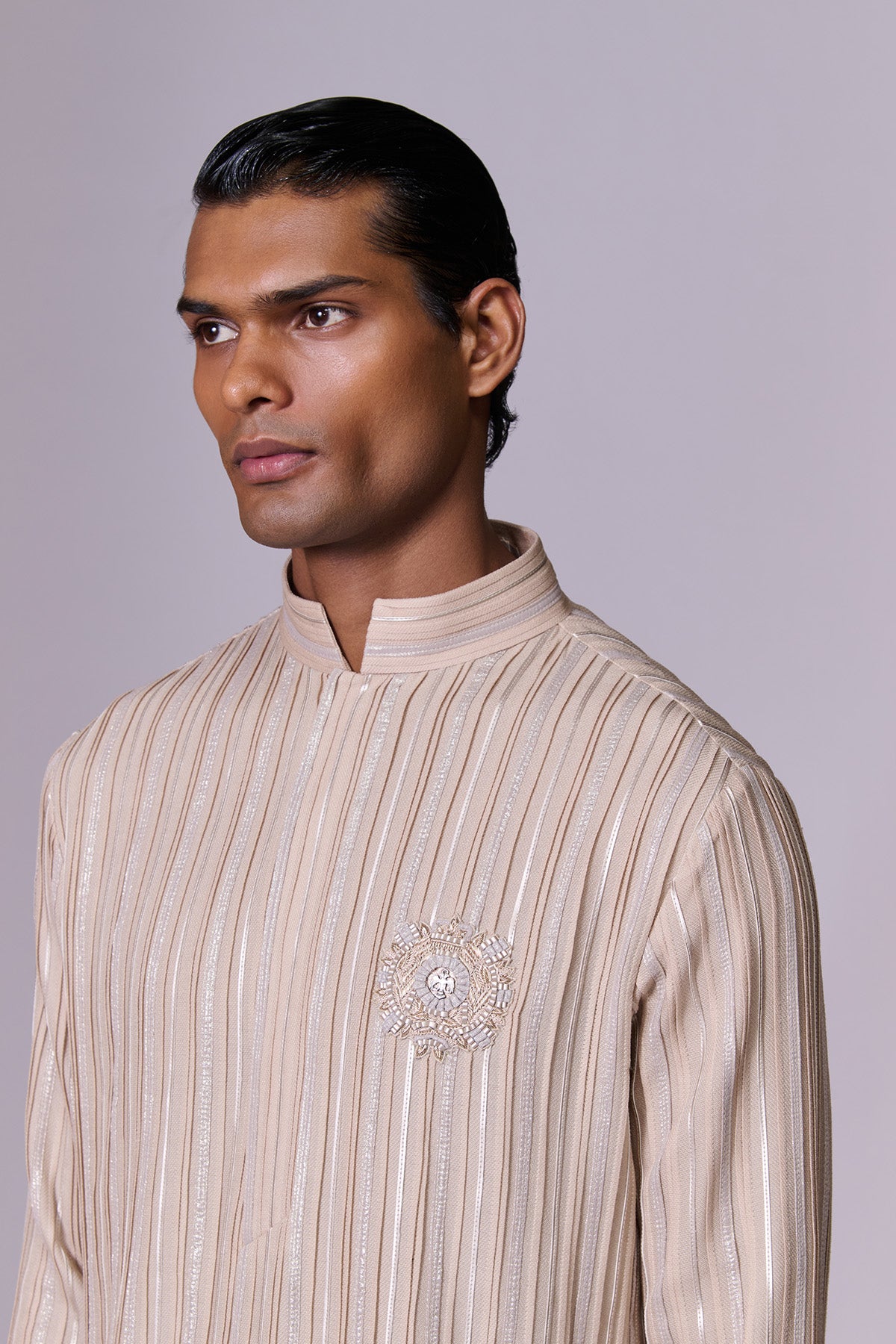 Beige Striped Embroidered Kurta Set