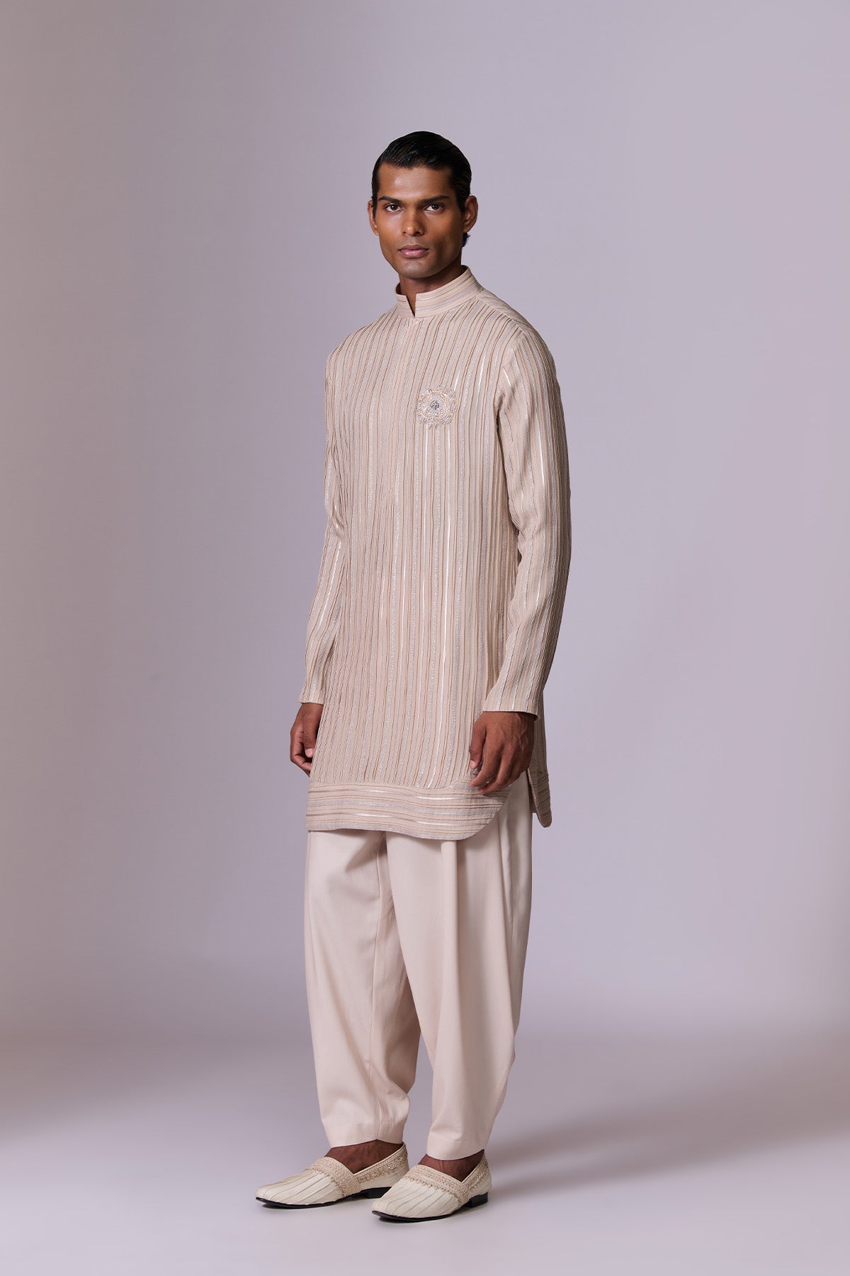 Beige Striped Embroidered Kurta Set