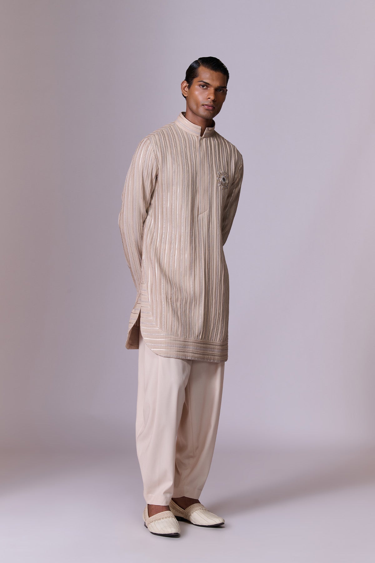 Beige Striped Embroidered Kurta Set