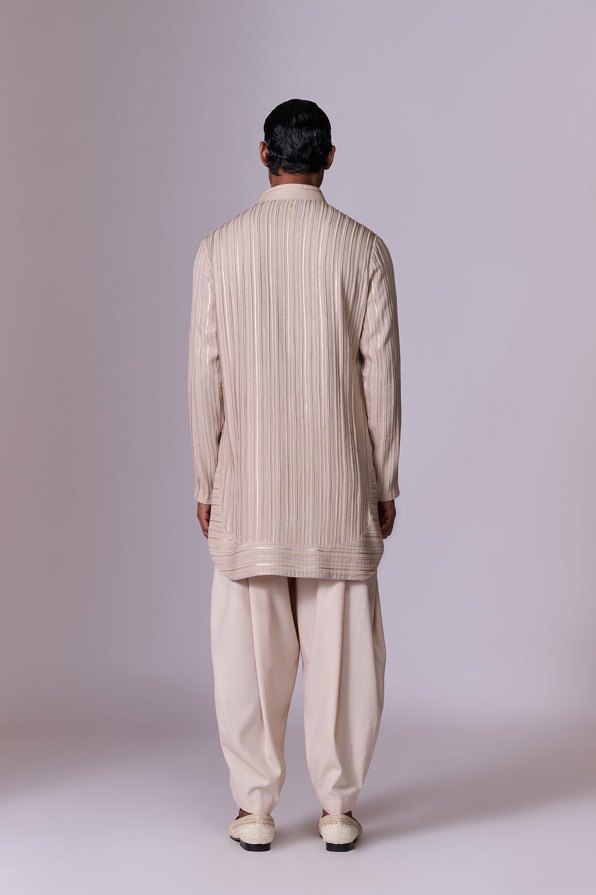 Beige Striped Embroidered Kurta Set