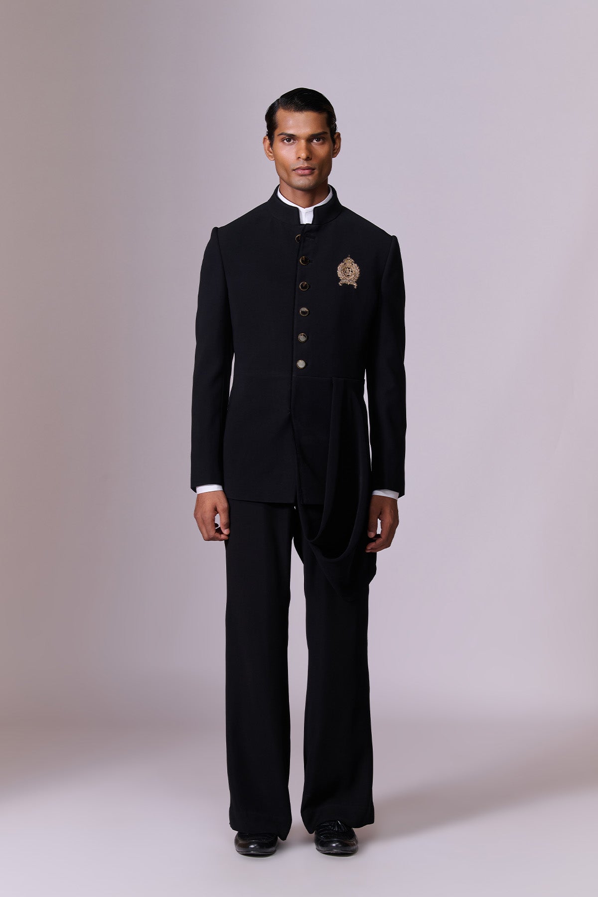 Black Drape Bandhgala with Crest