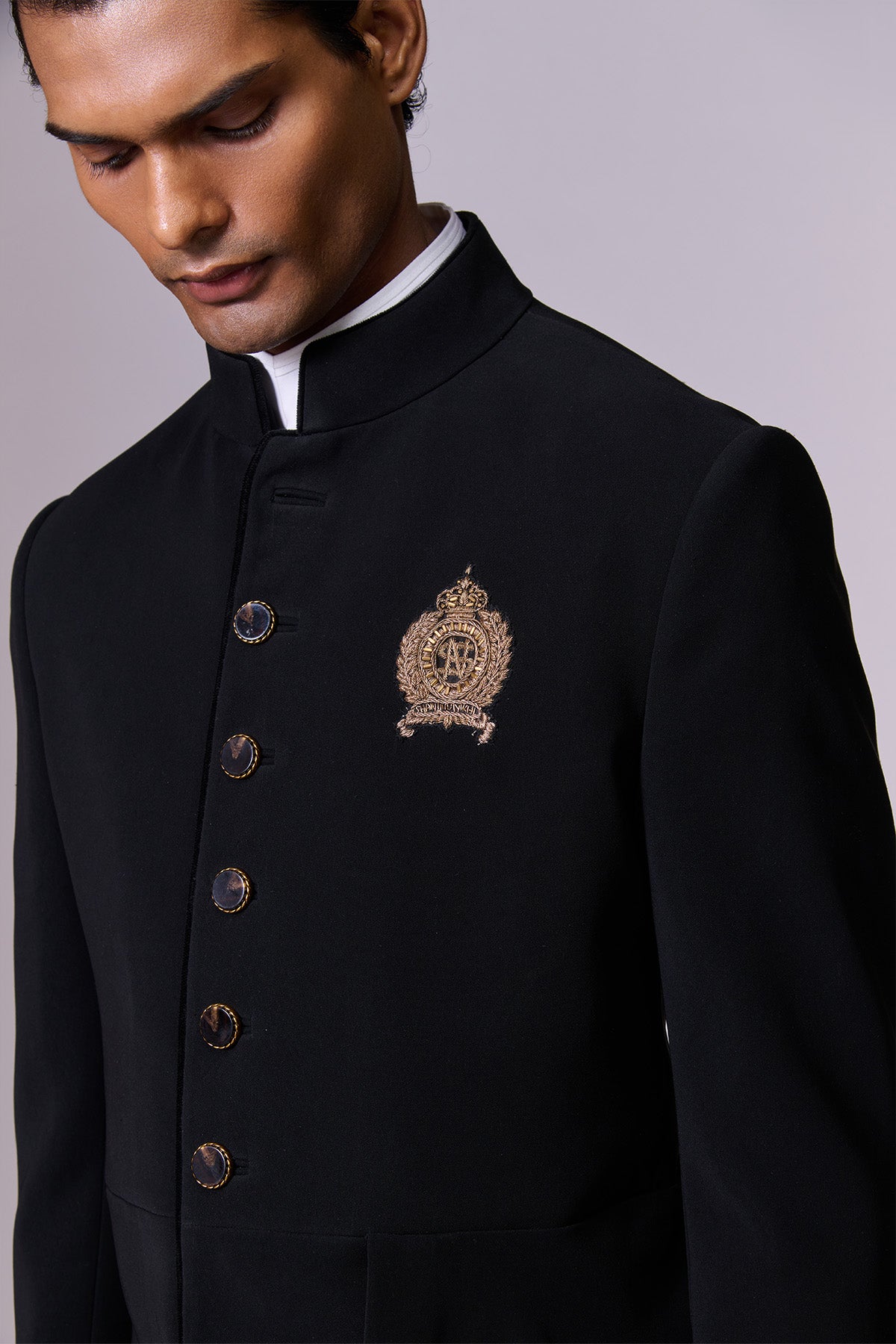 Black Drape Bandhgala with Crest