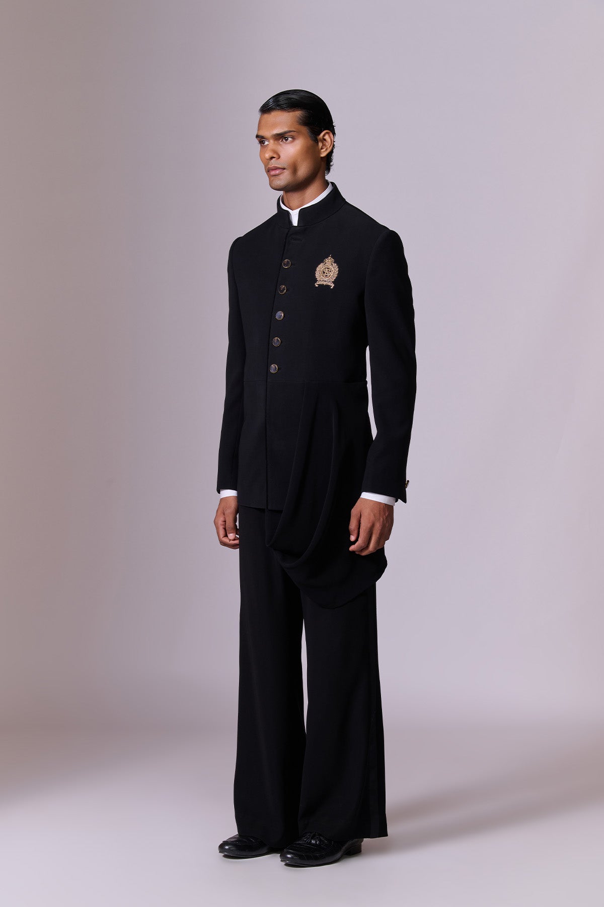 Black Drape Bandhgala with Crest