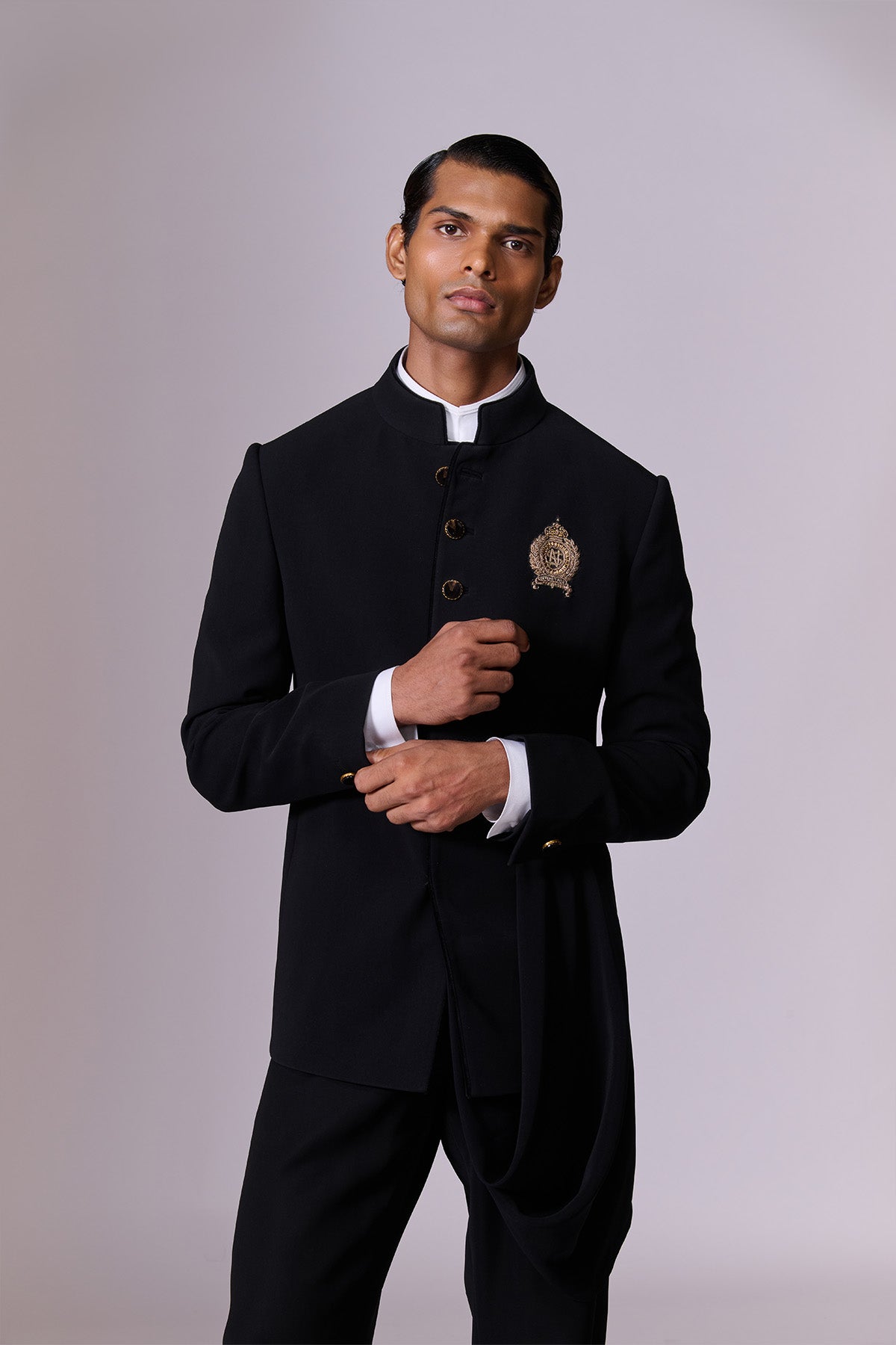Black Drape Bandhgala with Crest