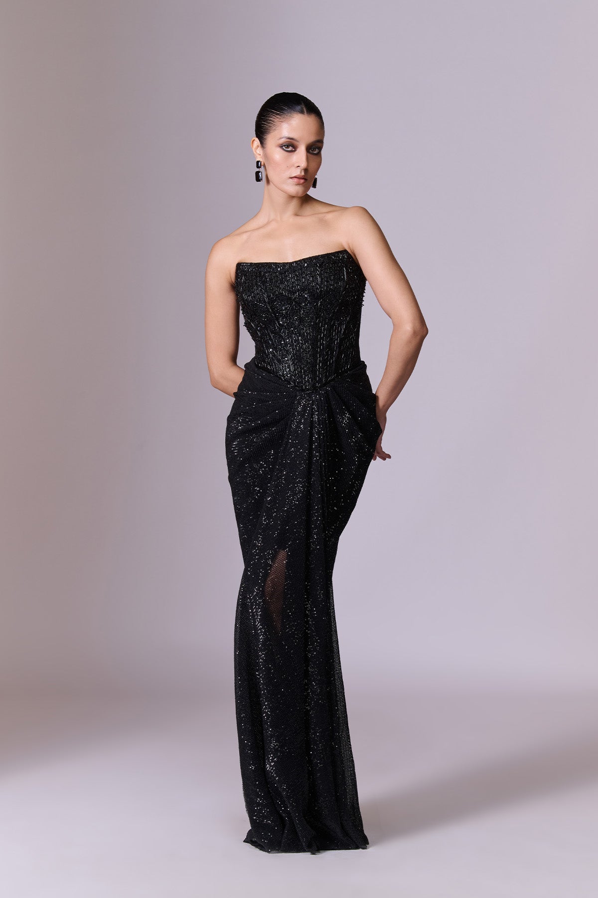 Black Sequin Gown with Ruffle Cape