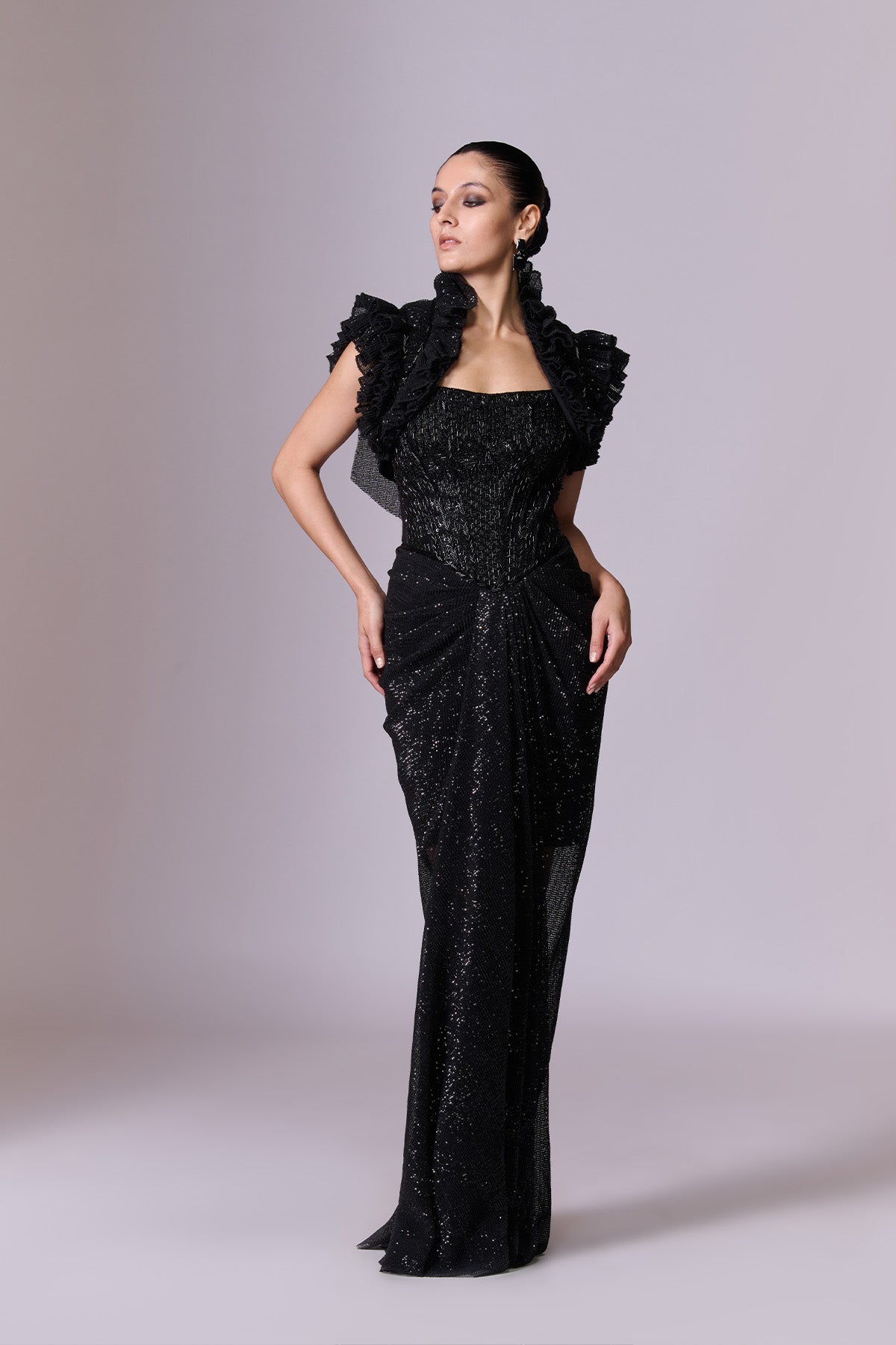 Black Sequin Gown with Ruffle Cape