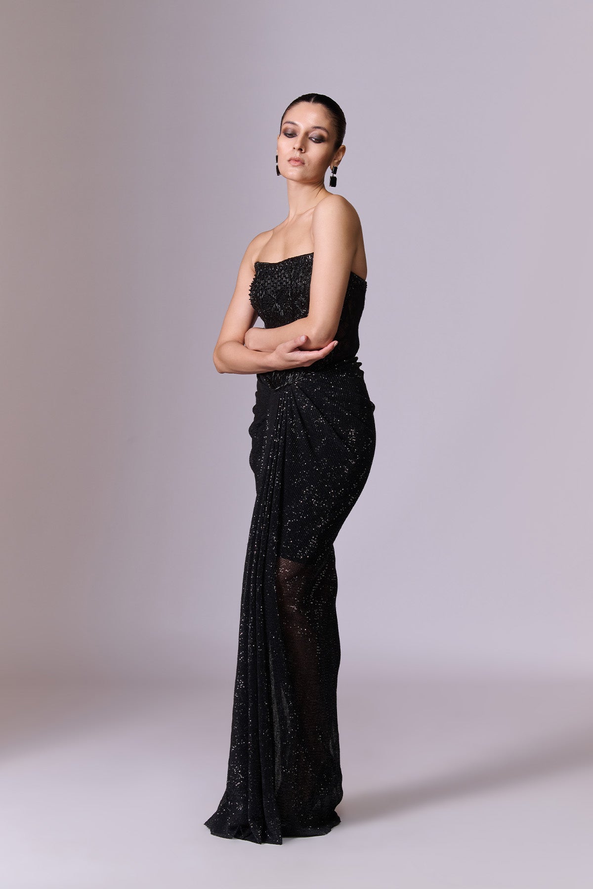 Black Sequin Gown with Ruffle Cape