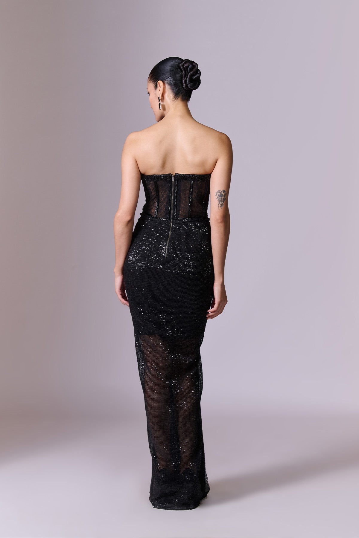 Black Sequin Gown with Ruffle Cape