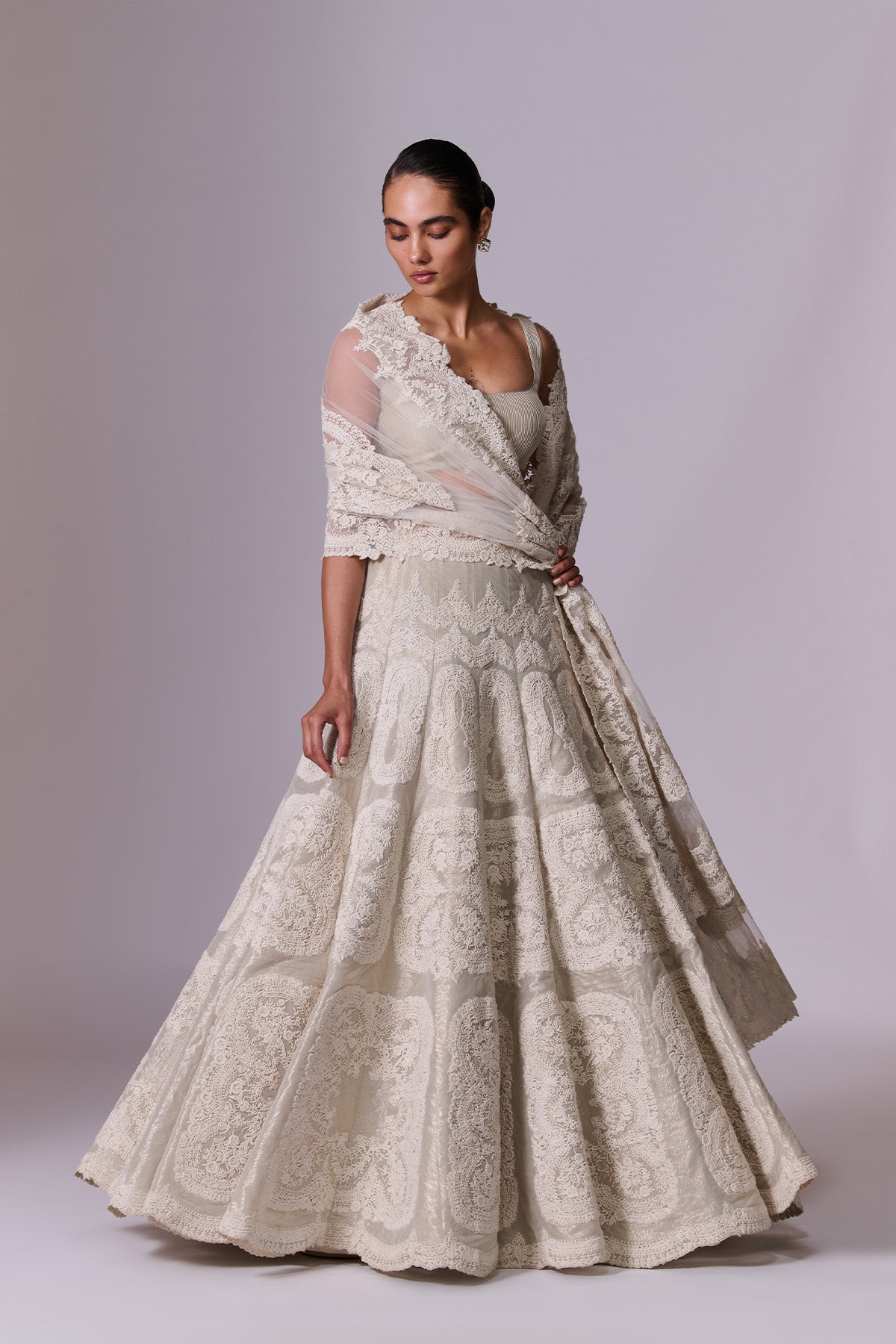 White Sand Cut-Work Embroidered Lehenga Set