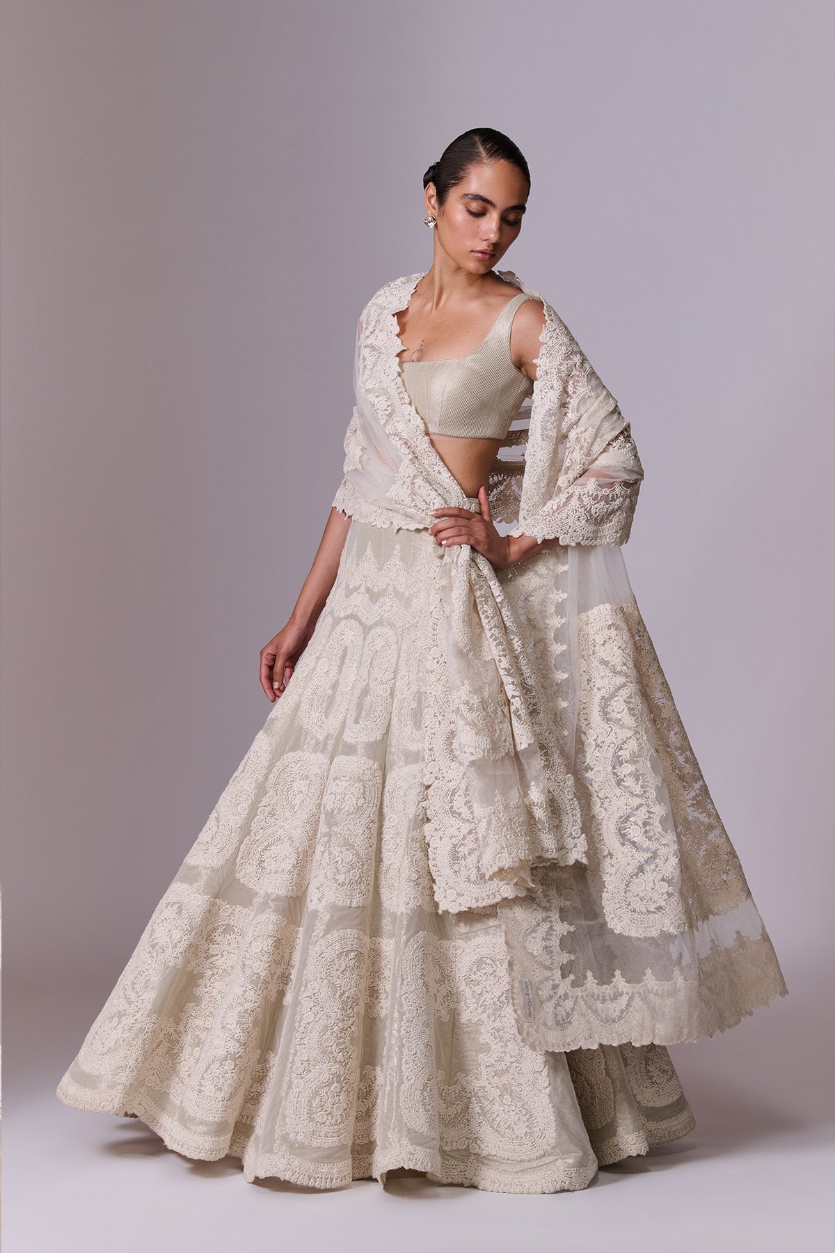 White Sand Cut-Work Embroidered Lehenga Set