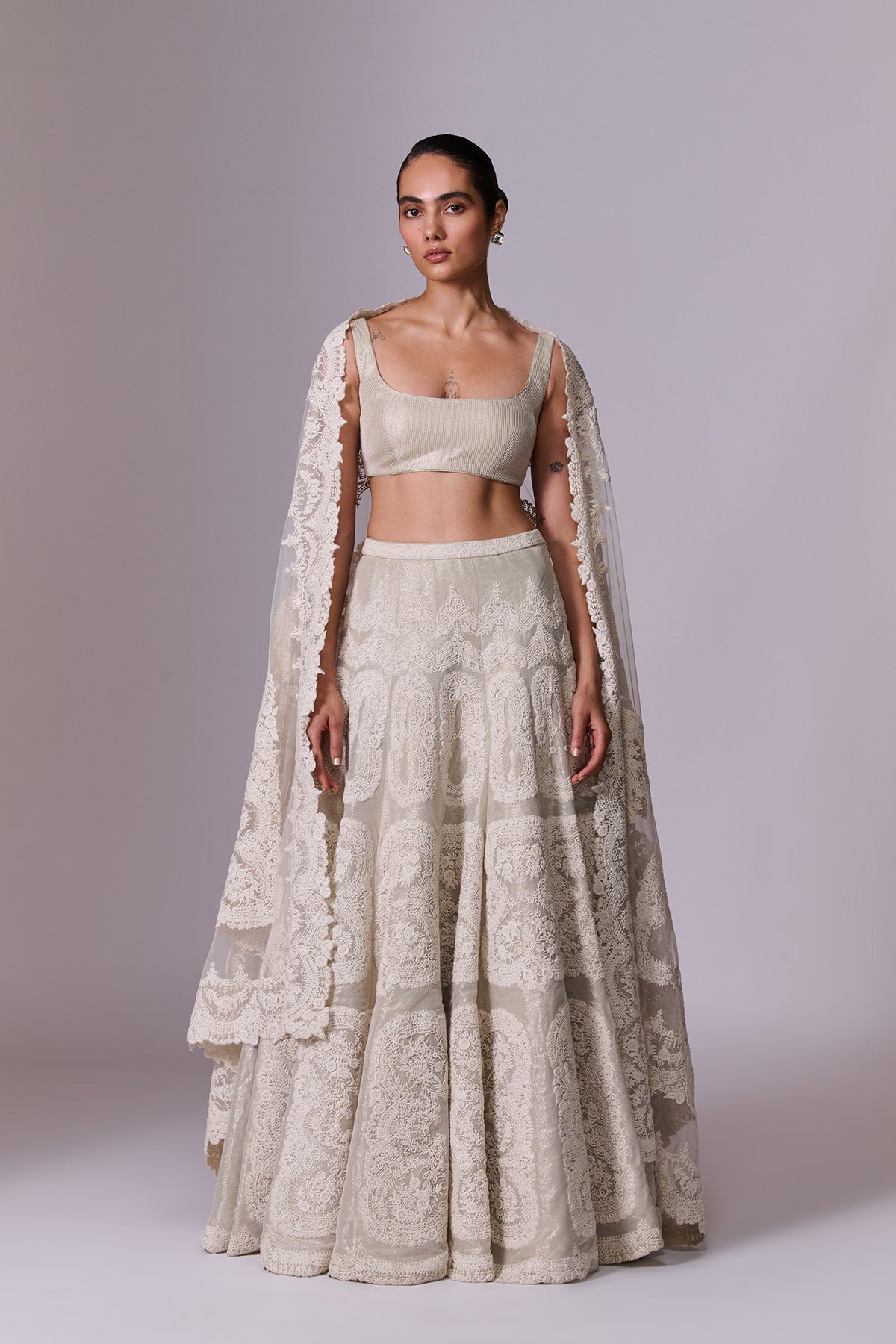 White Sand Cut-Work Embroidered Lehenga Set