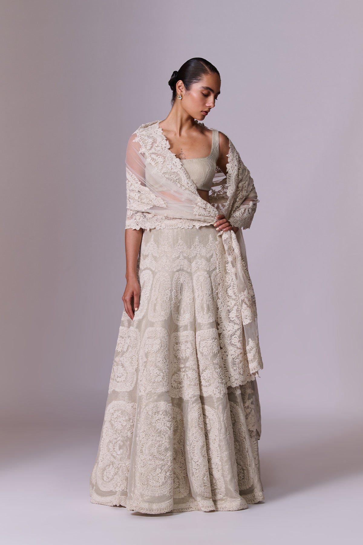 White Sand Cut-Work Embroidered Lehenga Set