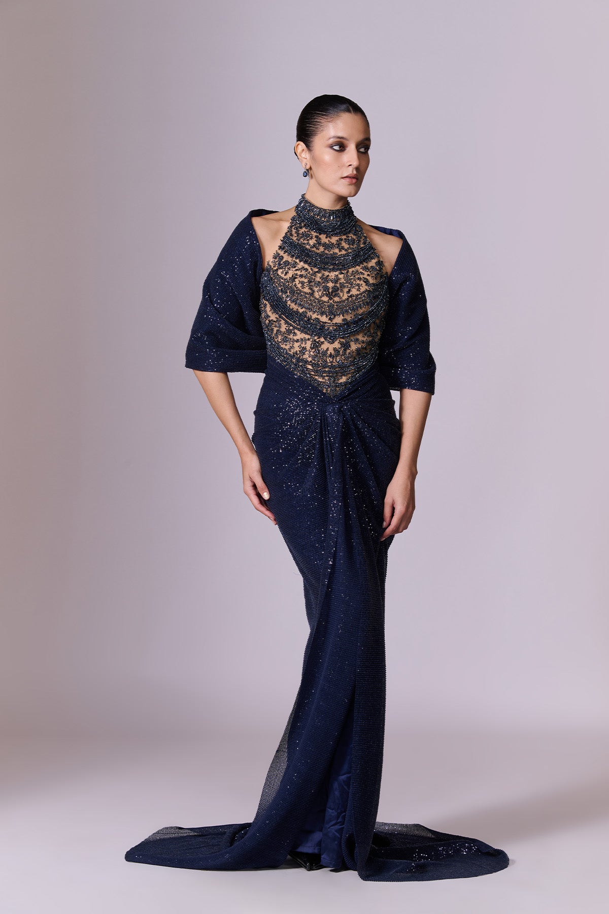 Midnight Sculpted Draped Saree Gown with Cape