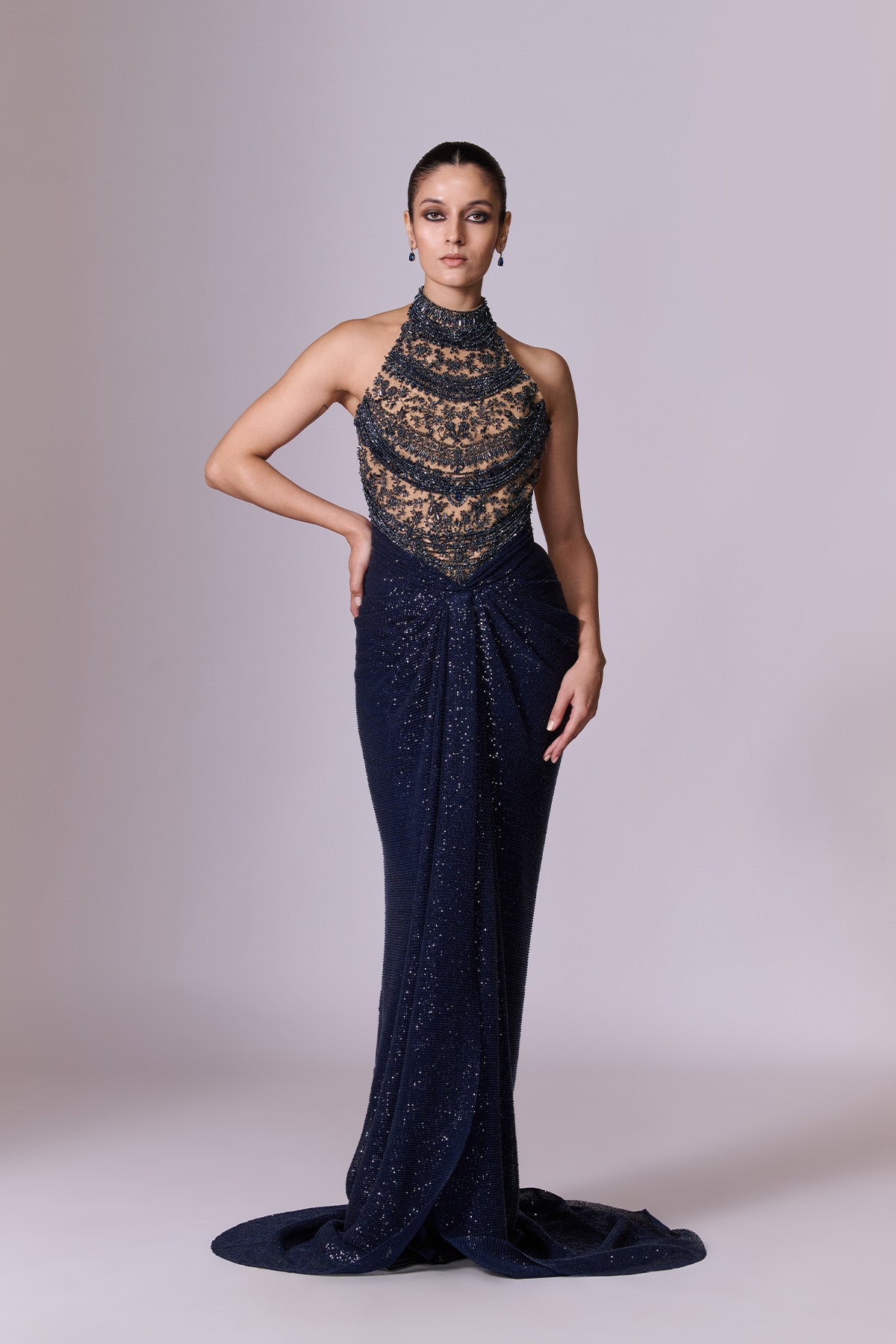 Midnight Sculpted Draped Saree Gown with Cape