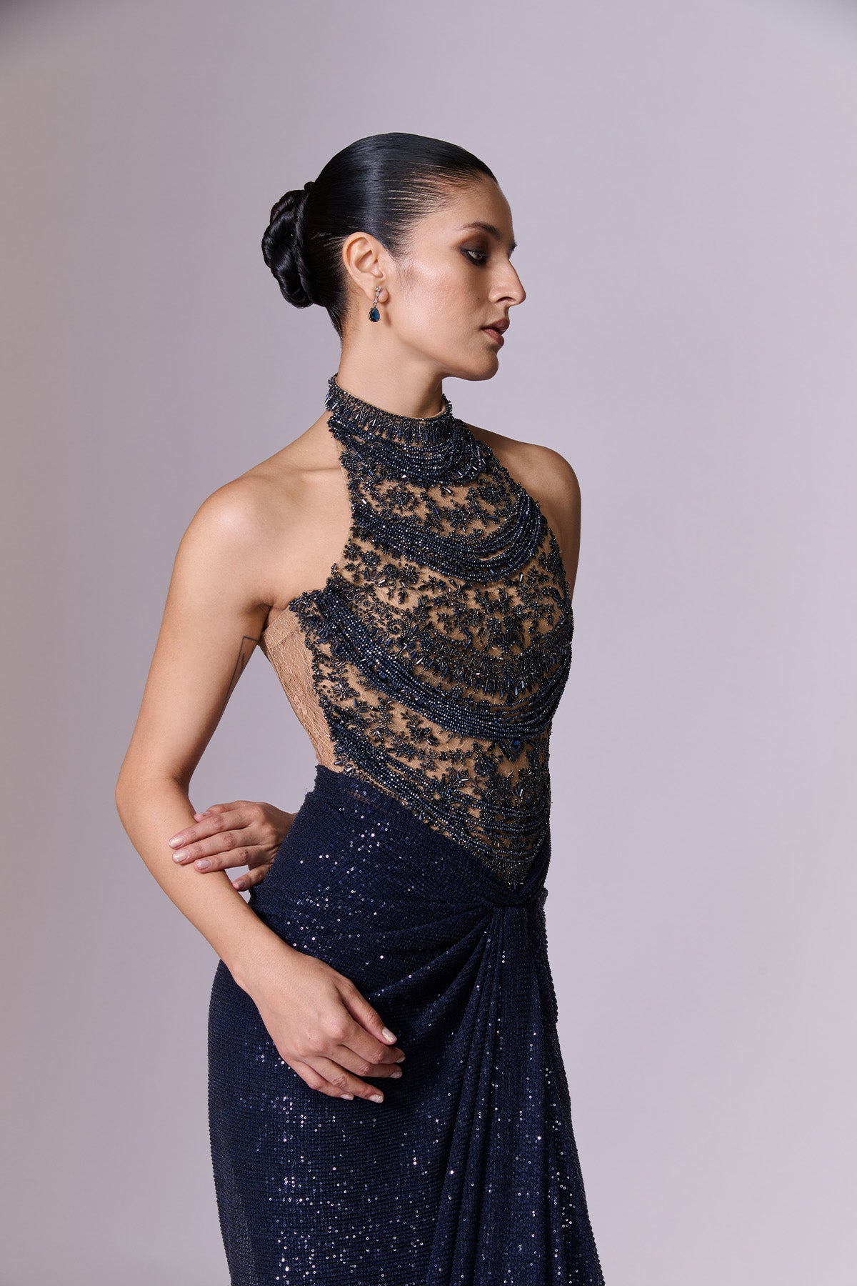 Midnight Sculpted Draped Saree Gown with Cape