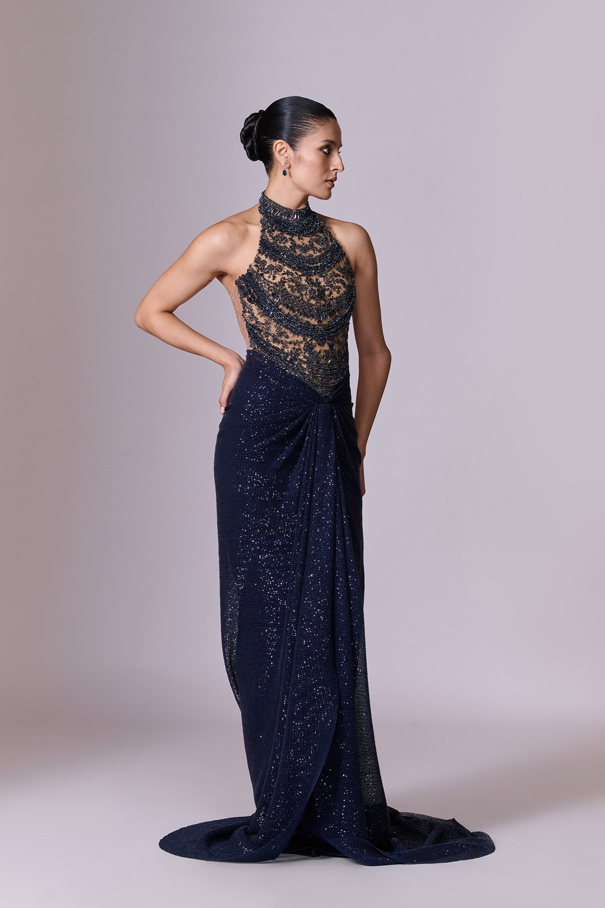Midnight Sculpted Draped Saree Gown with Cape