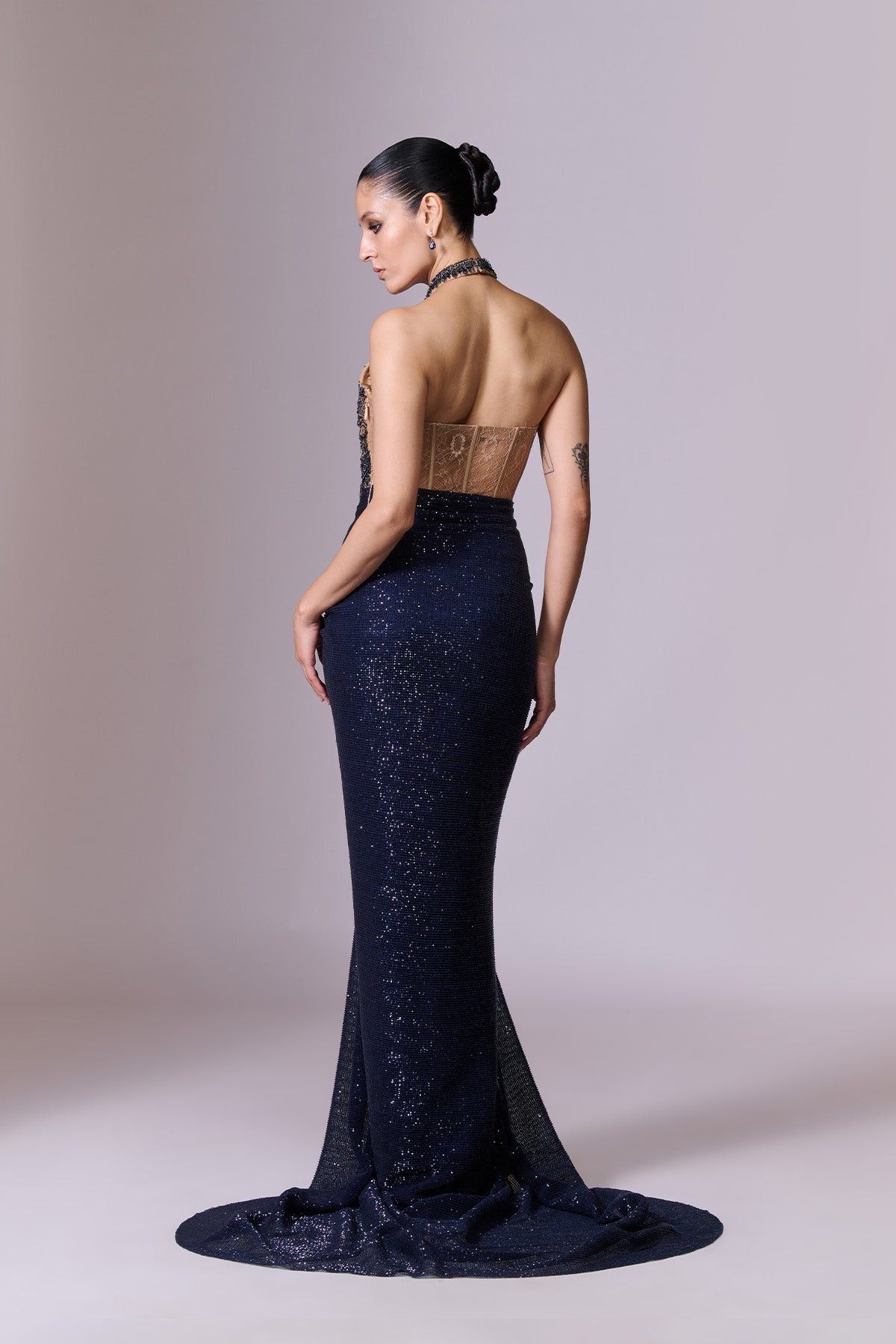 Midnight Sculpted Draped Saree Gown with Cape