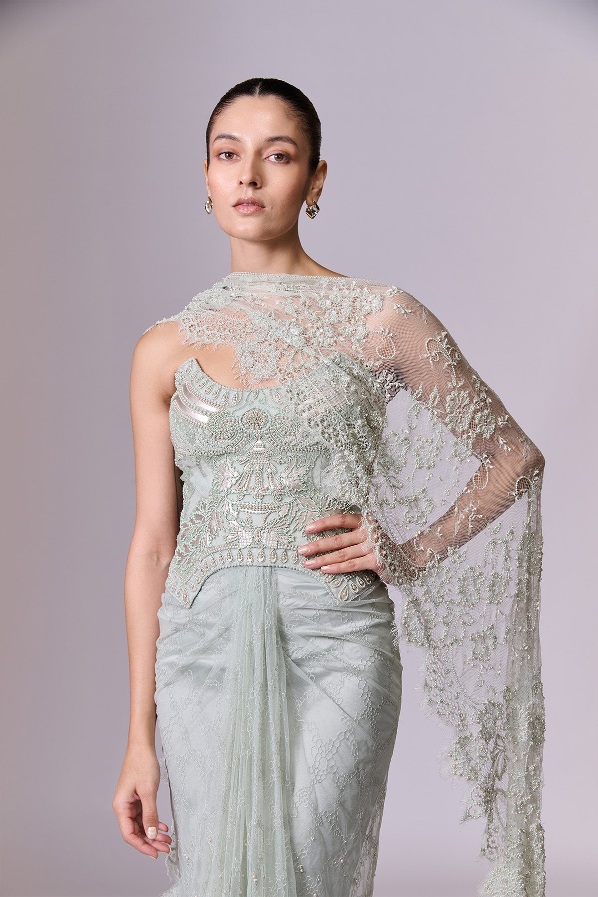 Mint Draped Corset Gown with Cape