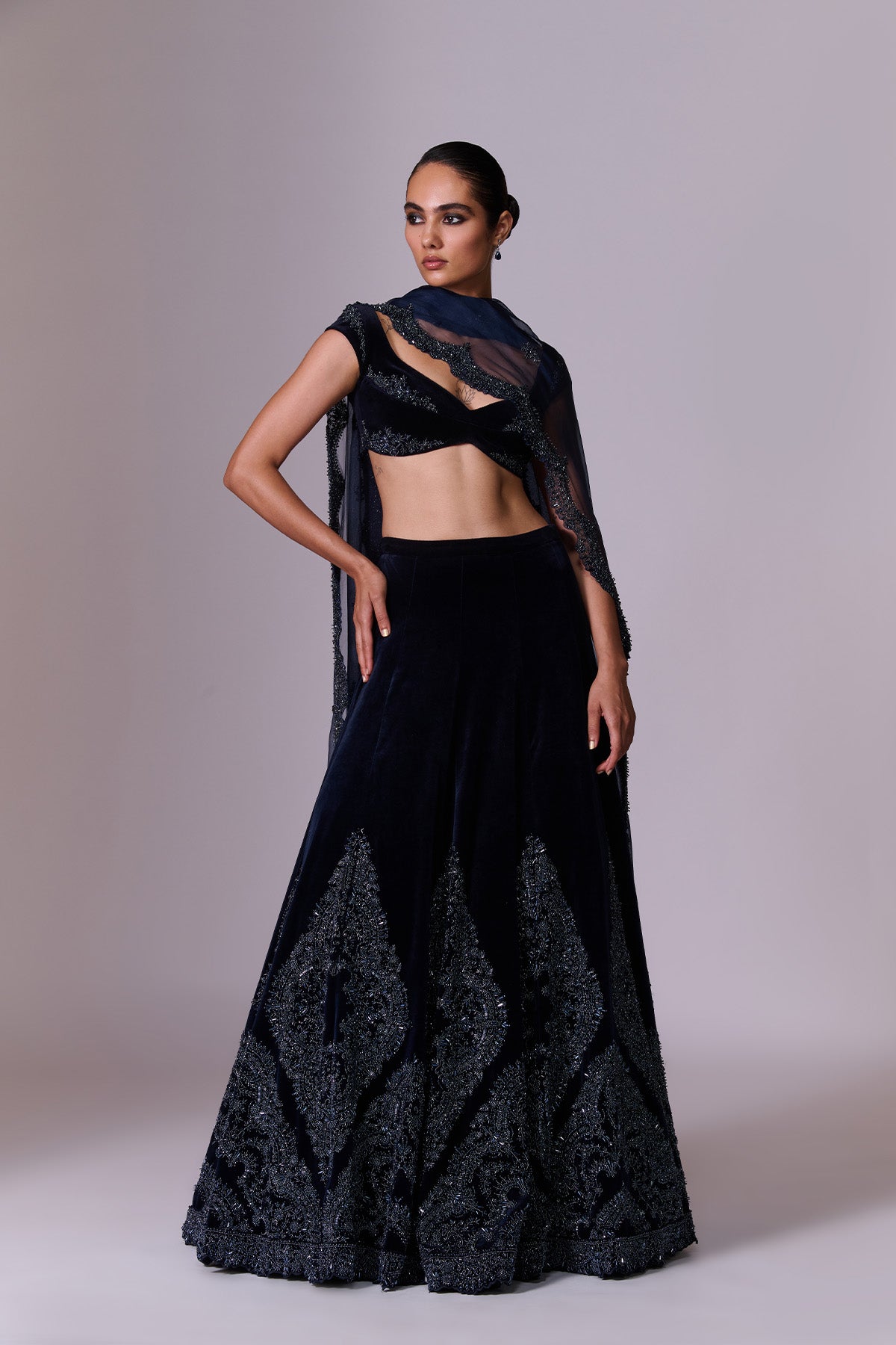Midnight Navy Velvet Lehenga Set