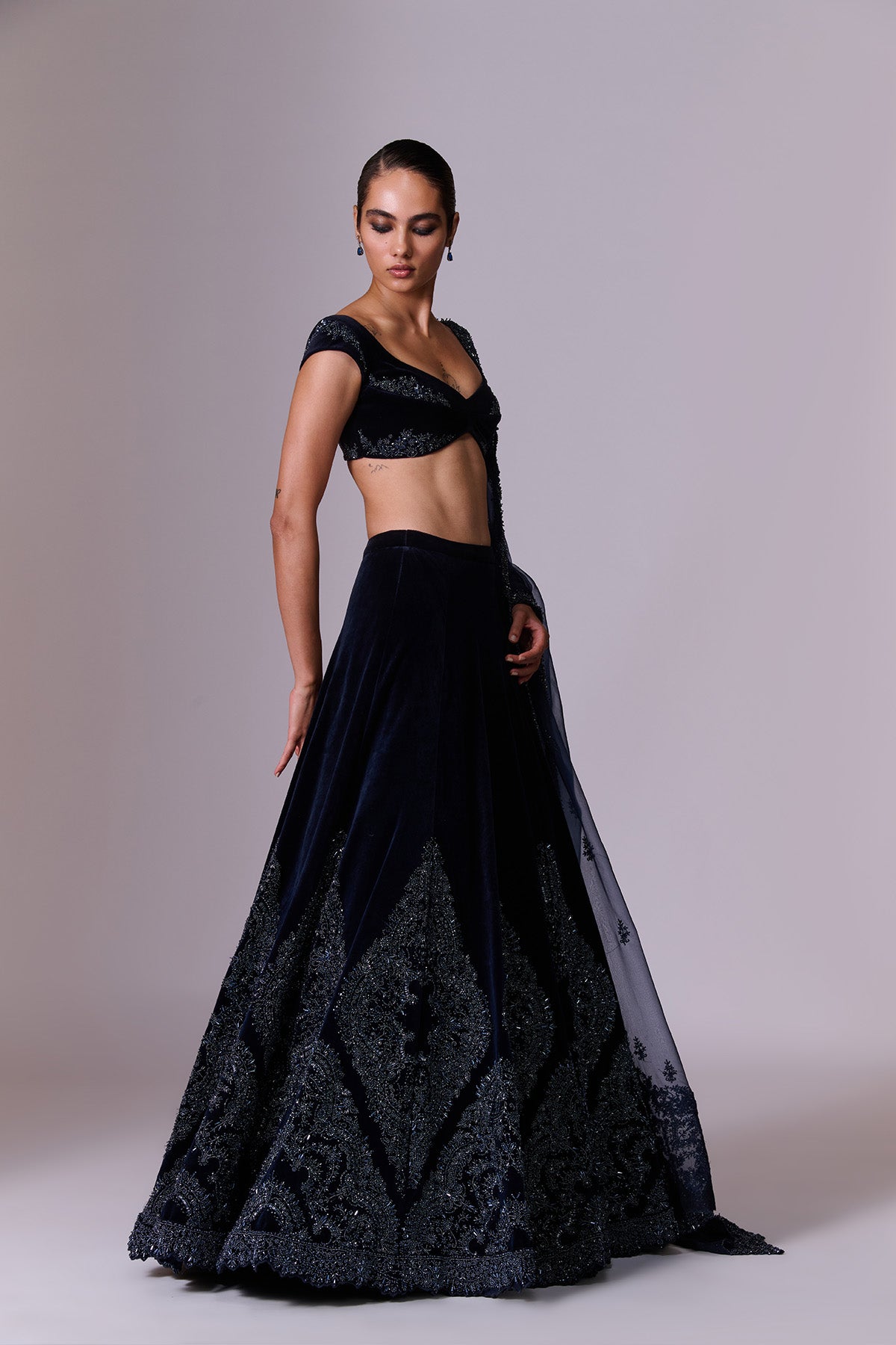 Midnight Navy Velvet Lehenga Set