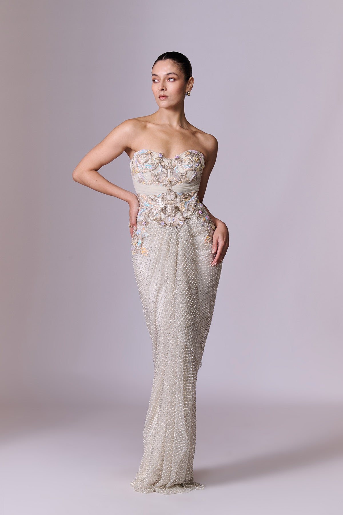 Pearl Embellished Saree Gown with Ruffle Cape