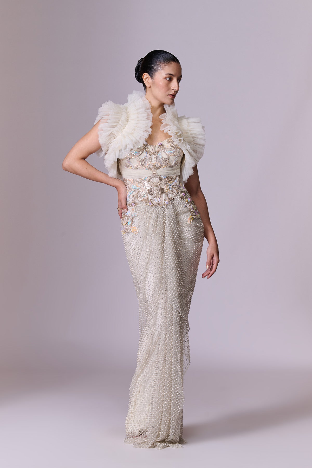 Pearl Embellished Saree Gown with Ruffle Cape