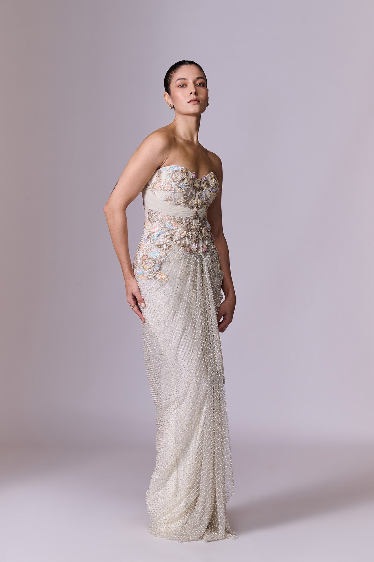 Pearl Embellished Saree Gown with Ruffle Cape