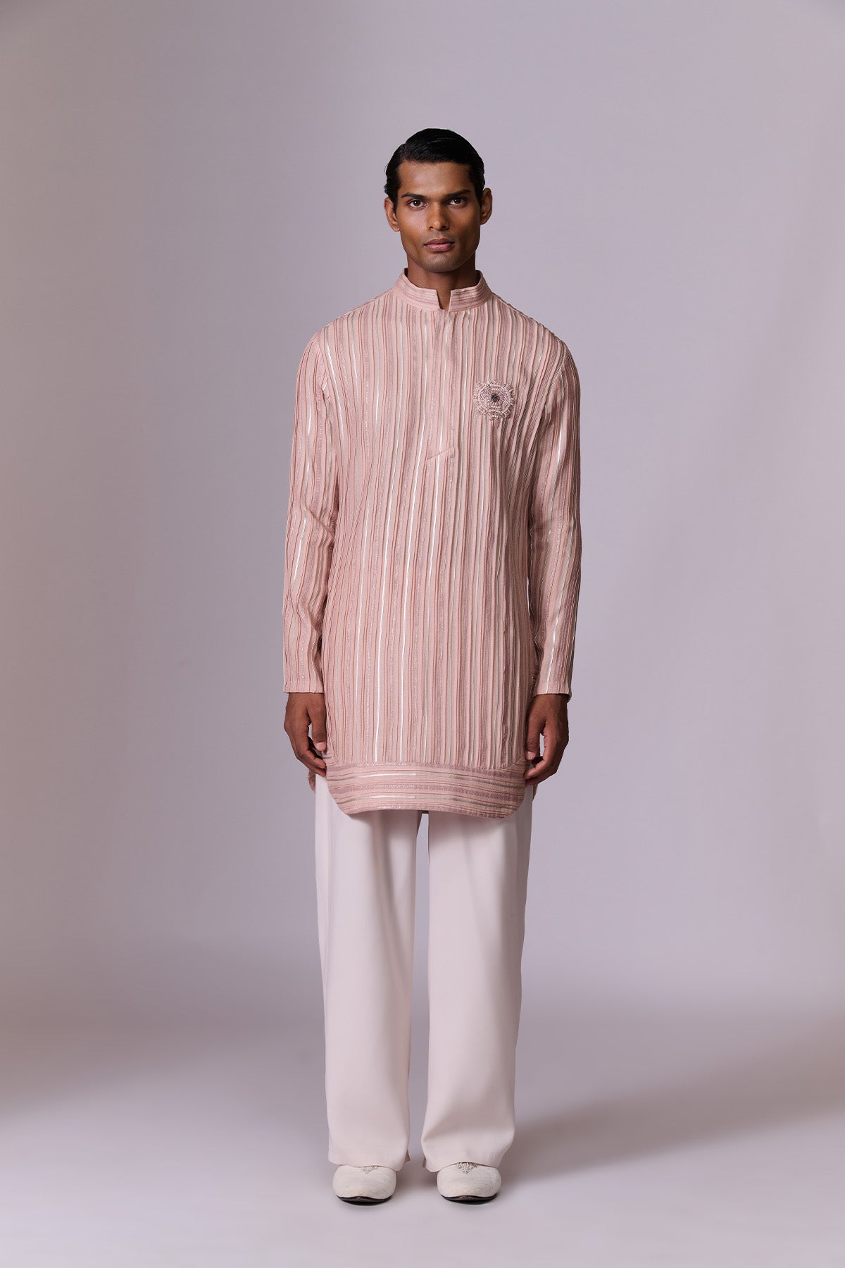 Salmon Striped Embroidered Kurta Set