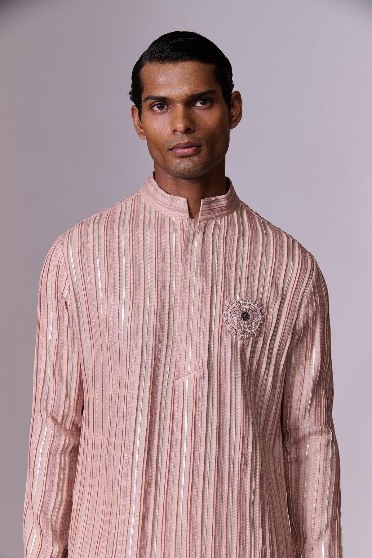 Salmon Striped Embroidered Kurta Set