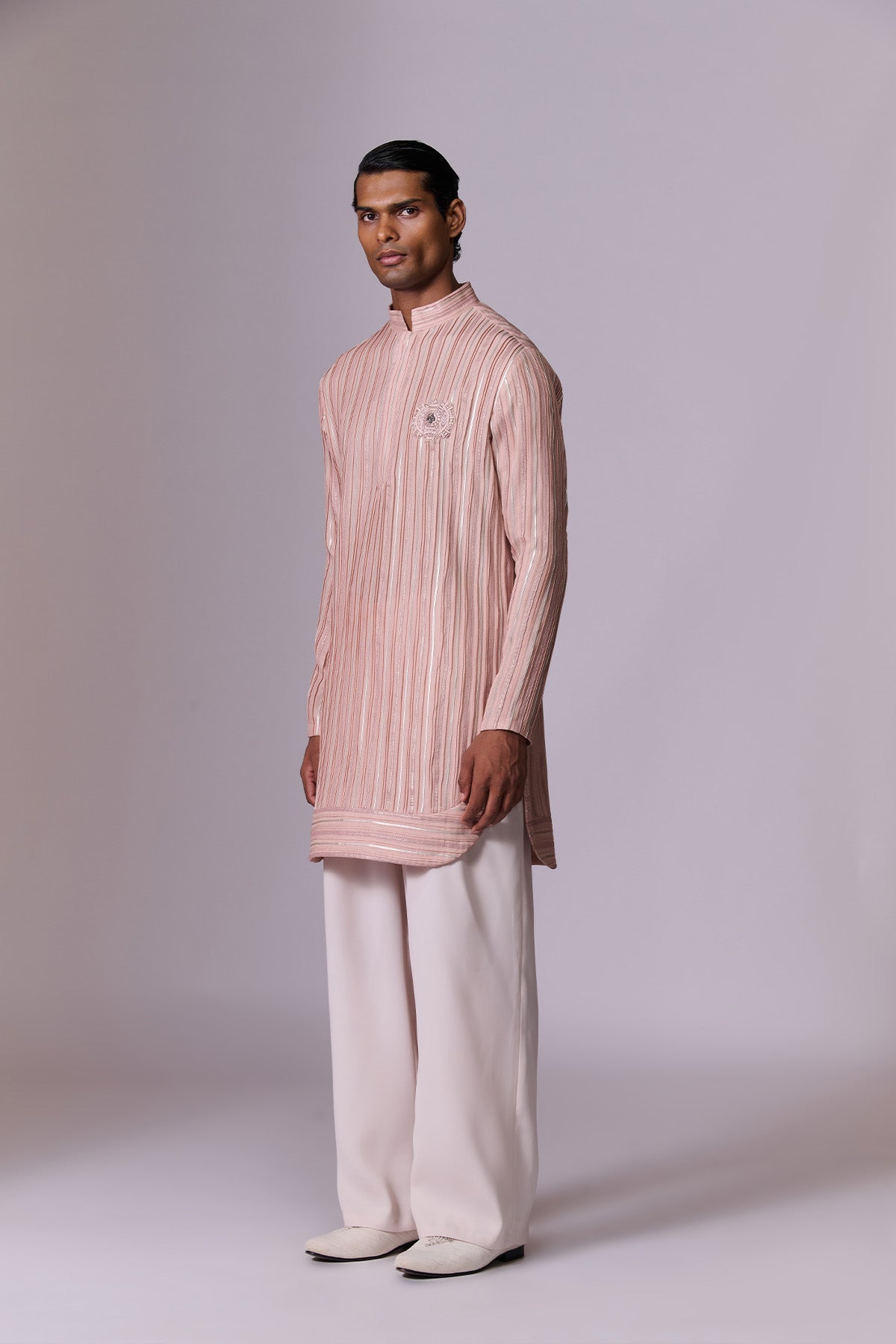 Salmon Striped Embroidered Kurta Set