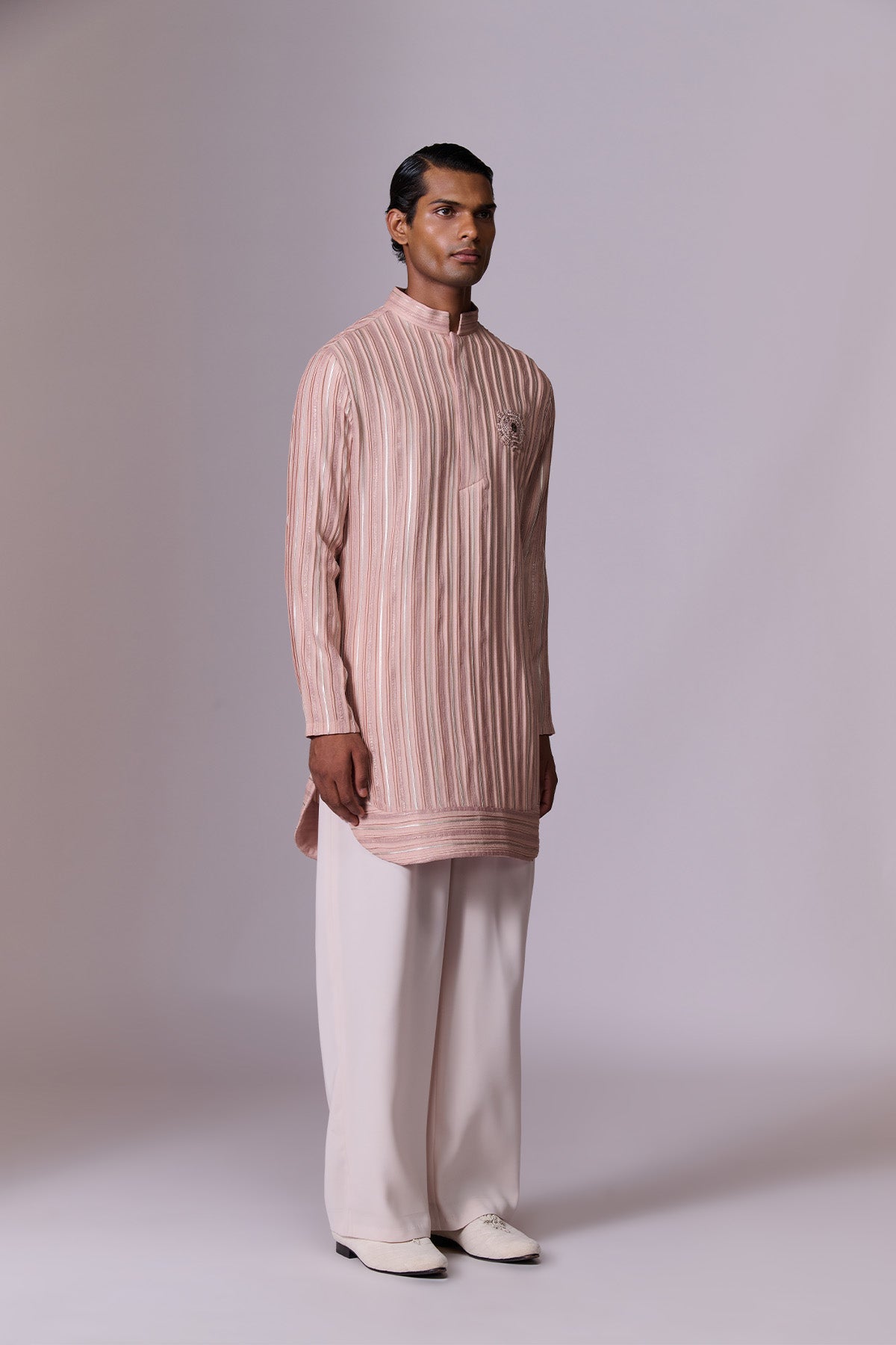 Salmon Striped Embroidered Kurta Set